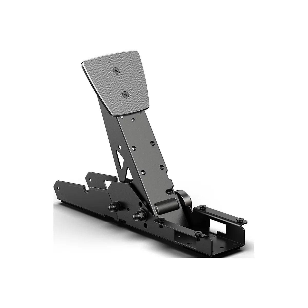 Ein einzelnes, robustes Metall-Pedal für Sim-Racing mit gebürsteter Oberfläche vor weißem Hintergrund.
