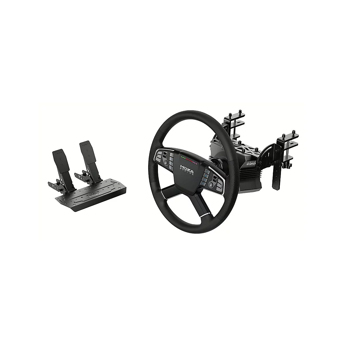 Schwarzes Moza Racing Lenkrad und Pedalset vor weißem Hintergrund.