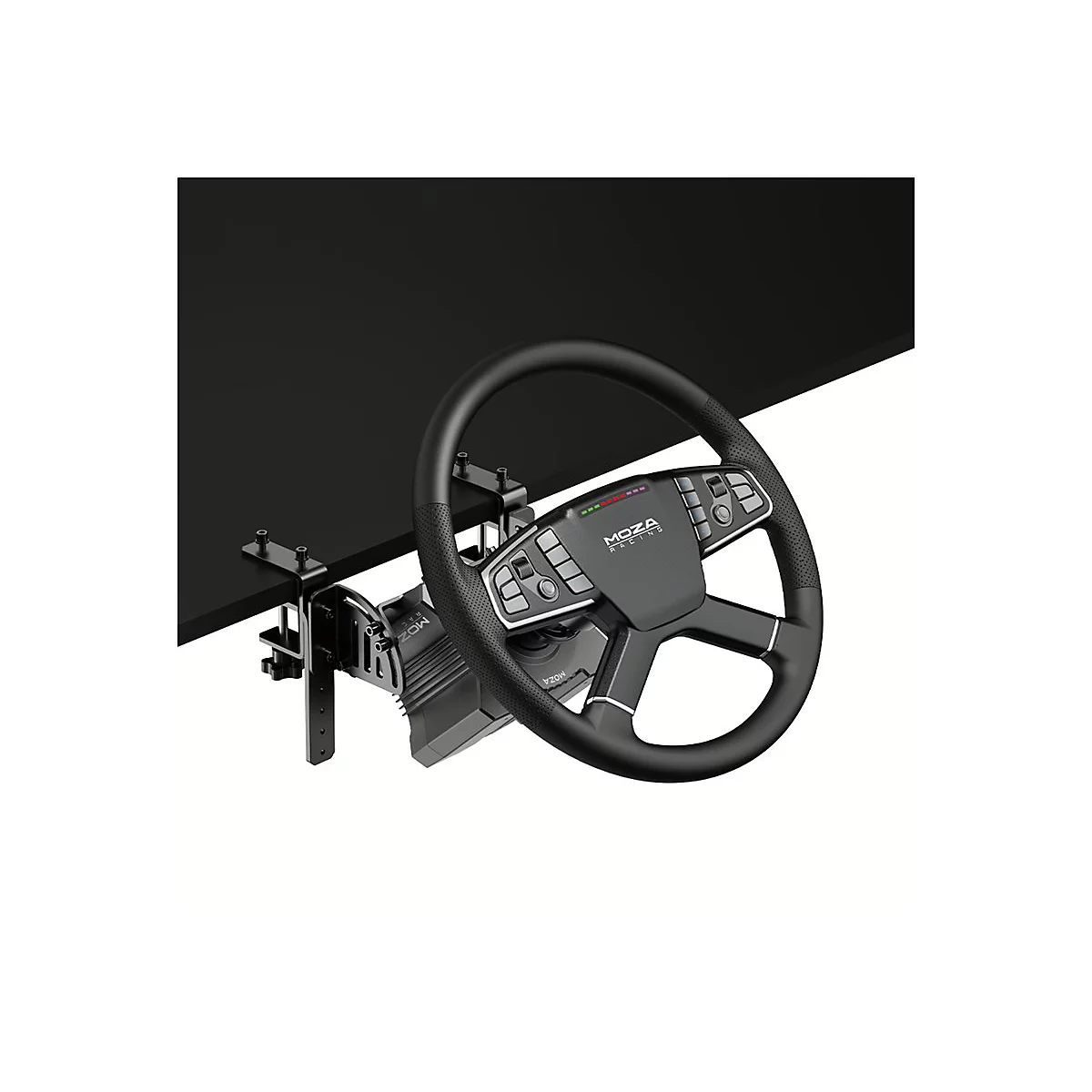 Moza Racing Lenkrad an einer schwarzen Tischplatte montiert mit Halterung.