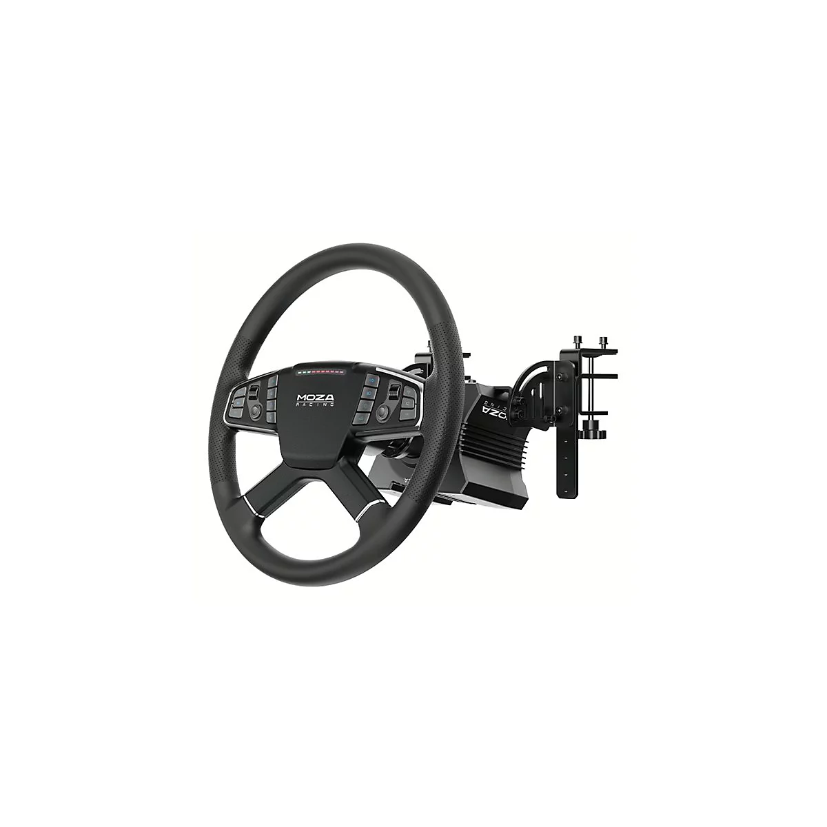 Schwarzes Moza Racing Lenkrad mit montierter Basis und Tischklemme vor weißem Hintergrund.