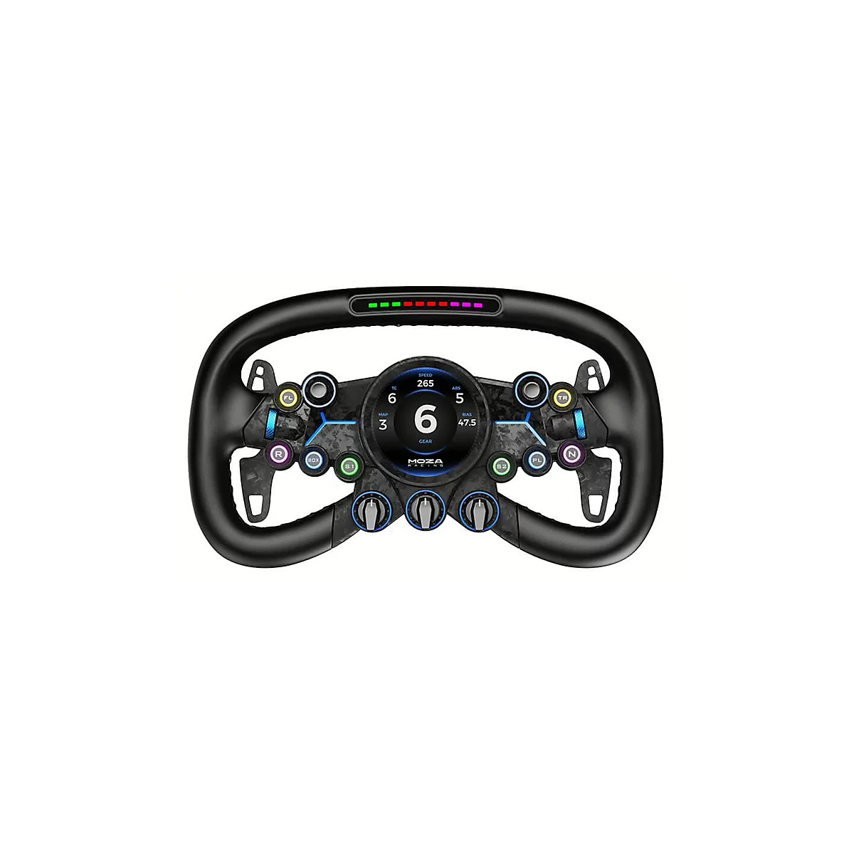 Schwarzes MOZA Racing-Lenkrad mit digitalem Display, zahlreichen Tasten, Drehreglern und LED-Drehzahlmesser.