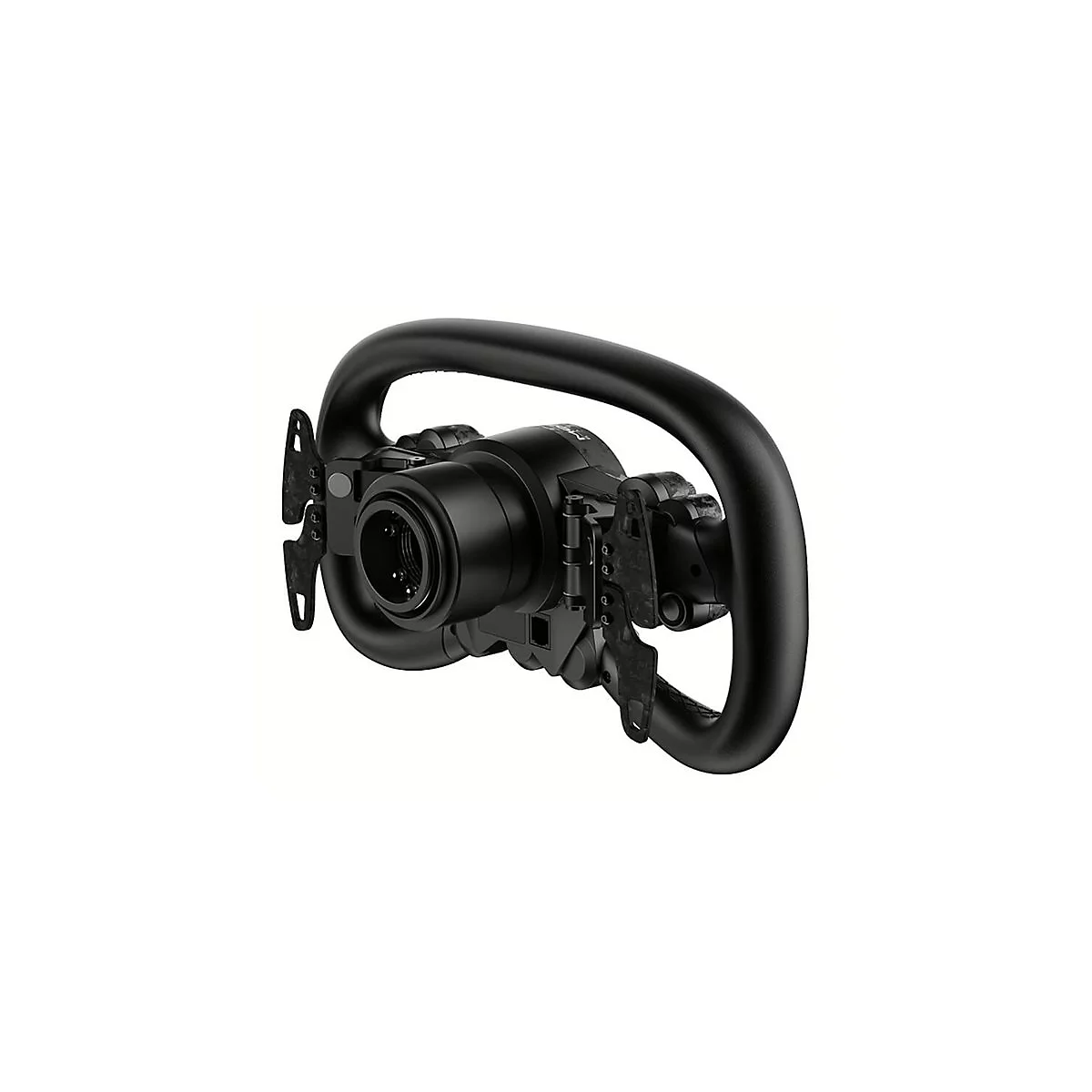 Schwarzes Sim-Racing-Lenkrad mit Schaltwippen vor weißem Hintergrund.