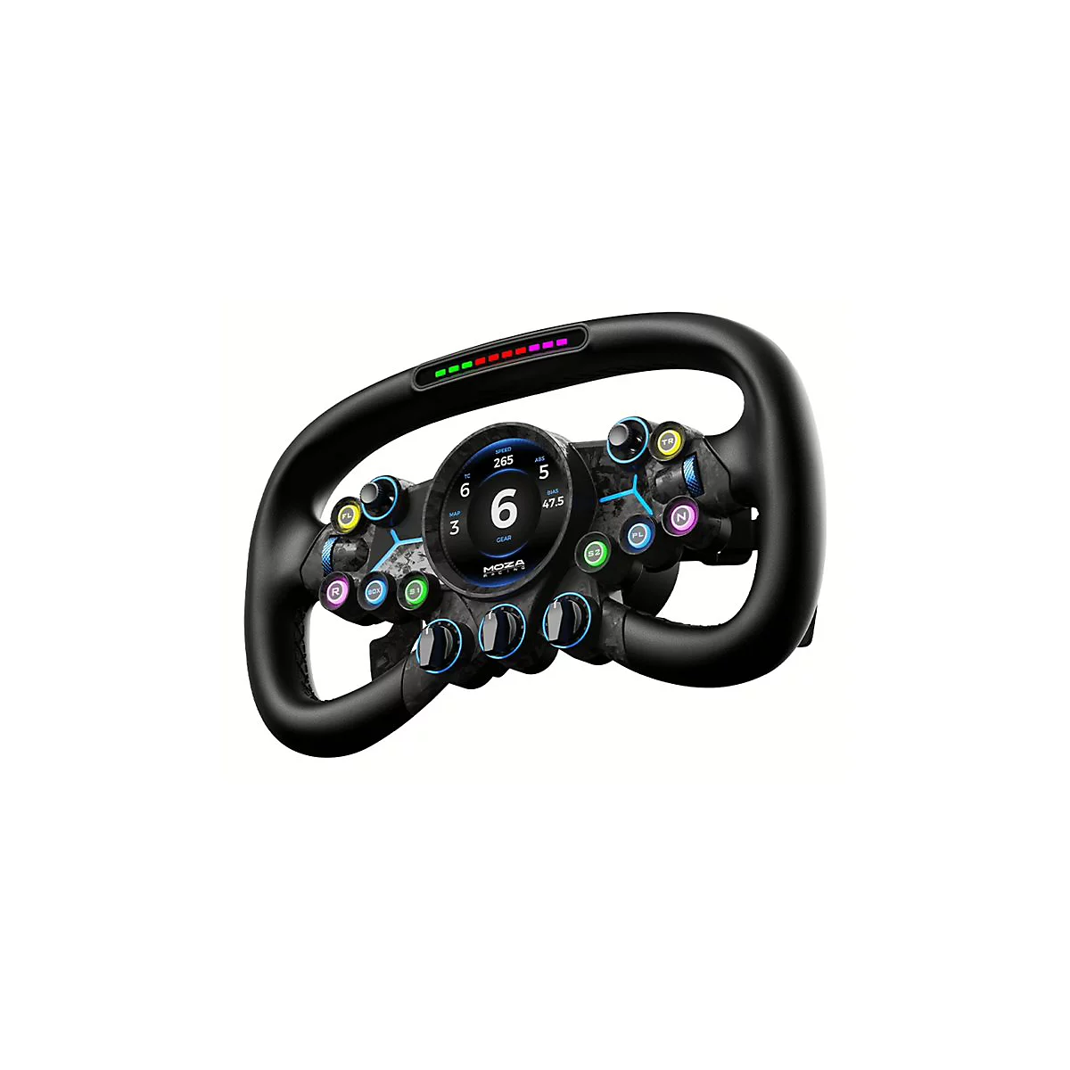 Schwarzes Moza Racing Lenkrad mit digitalem Display und beleuchteten Knöpfen auf weißem Hintergrund.