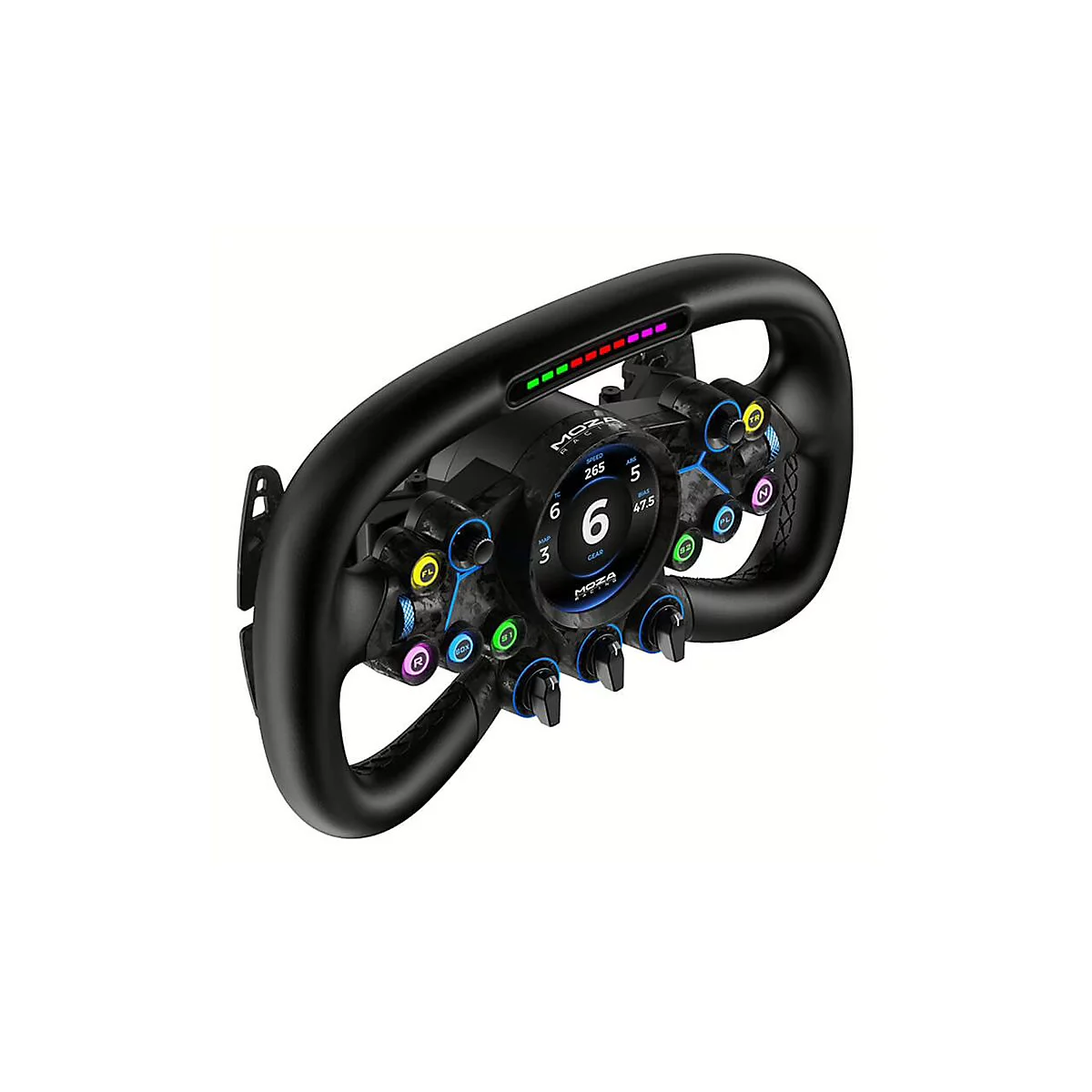Moza Racing Lenkrad mit digitalem Display, bunten Tasten und LED-Leiste auf weißem Hintergrund.