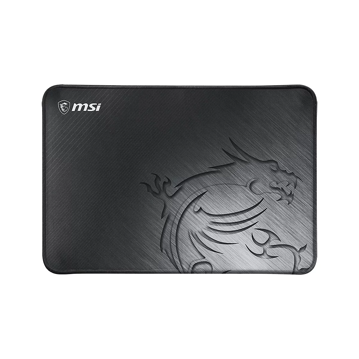 Schwarzes MSI Gaming-Mauspad mit gebürsteter Metalloptik und eingeprägtem Drachenlogo.