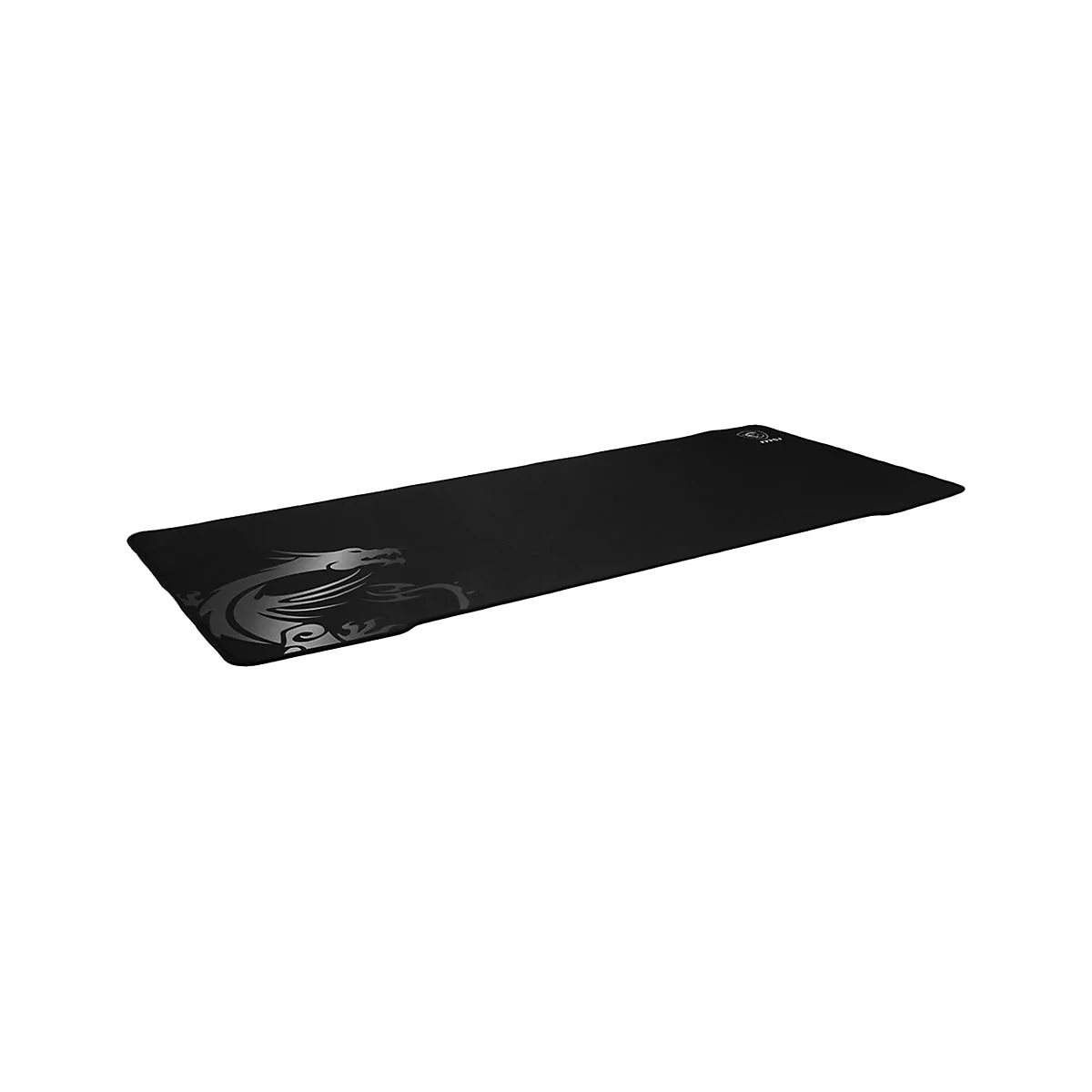 Längliches, schwarzes MSI Gaming-Mauspad mit grauem Drachen-Logo auf der linken Seite vor weißem Hintergrund.