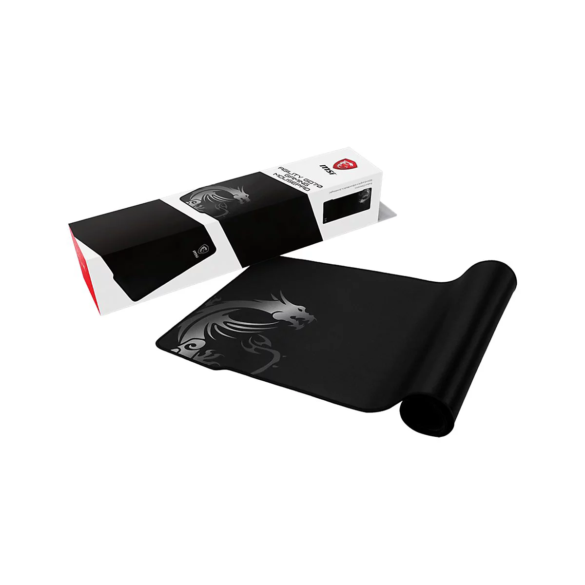 MSI Agility GD70 Gaming-Mauspad mit Drachen-Logo vor der zugehörigen weißen Verpackung.