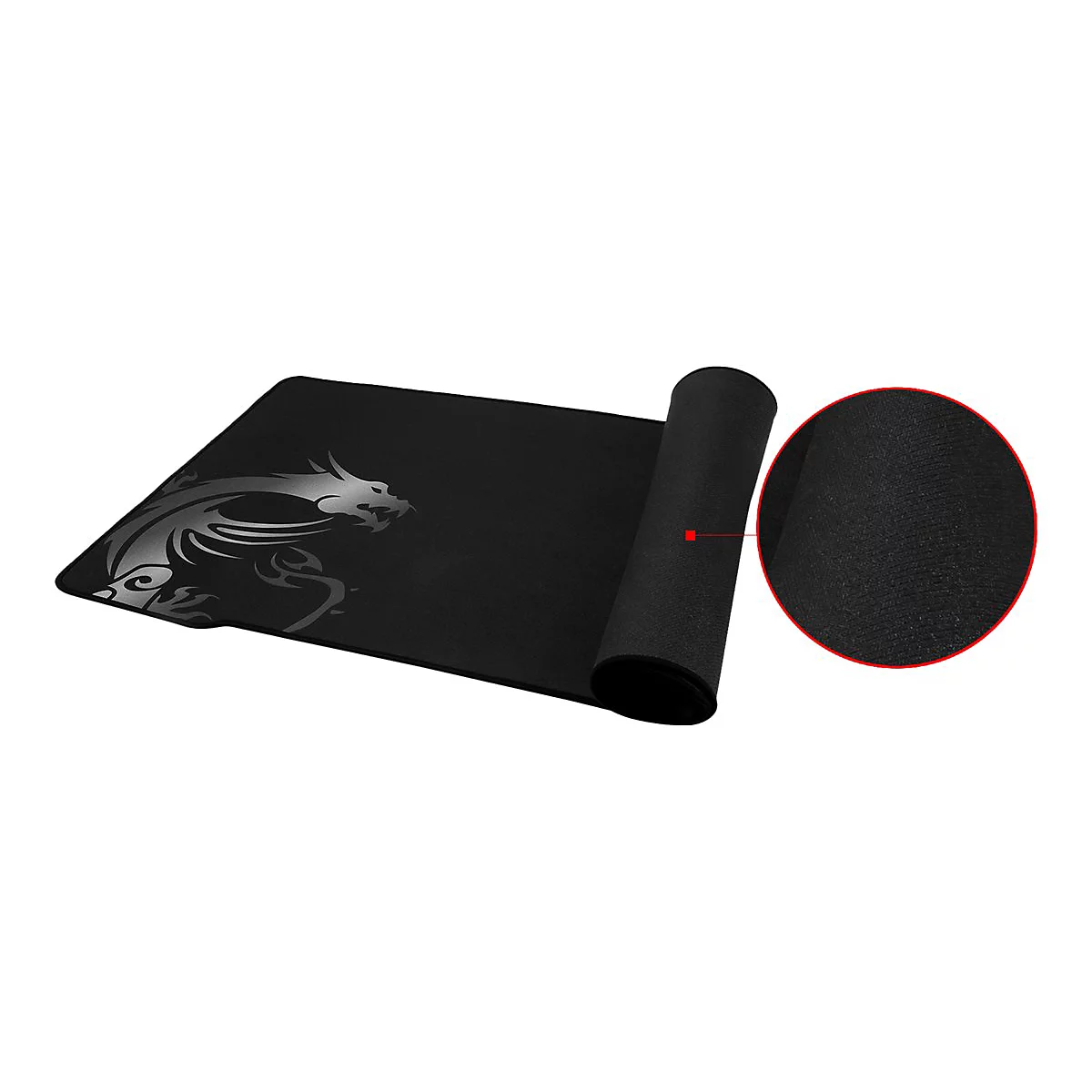 Schwarzes MSI Gaming-Mauspad mit Drachenlogo und vergrößerter Detailansicht der Oberflächenstruktur.
