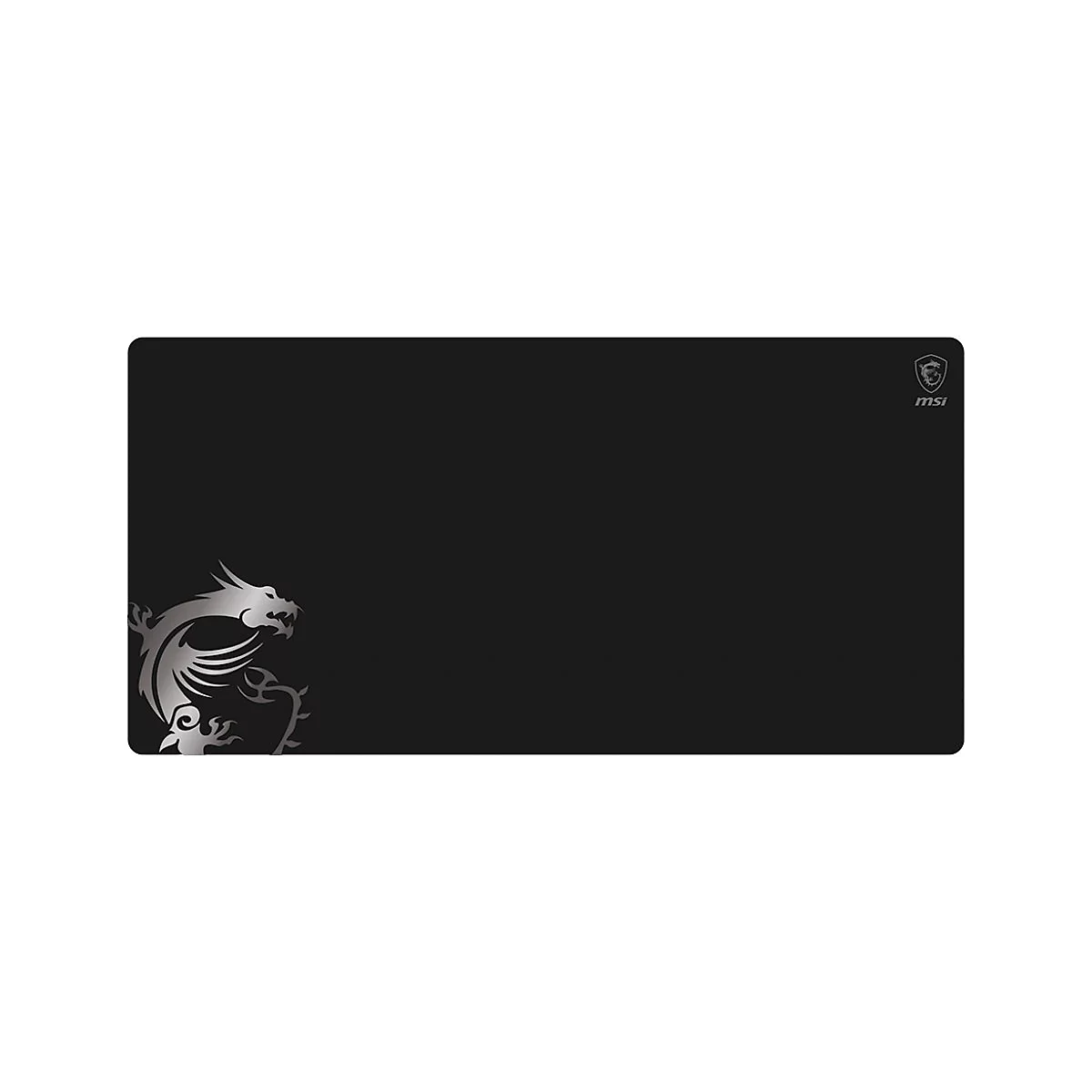 Schwarzes Mauspad mit silbernem Drachenmotiv links und MSI-Logo rechts.