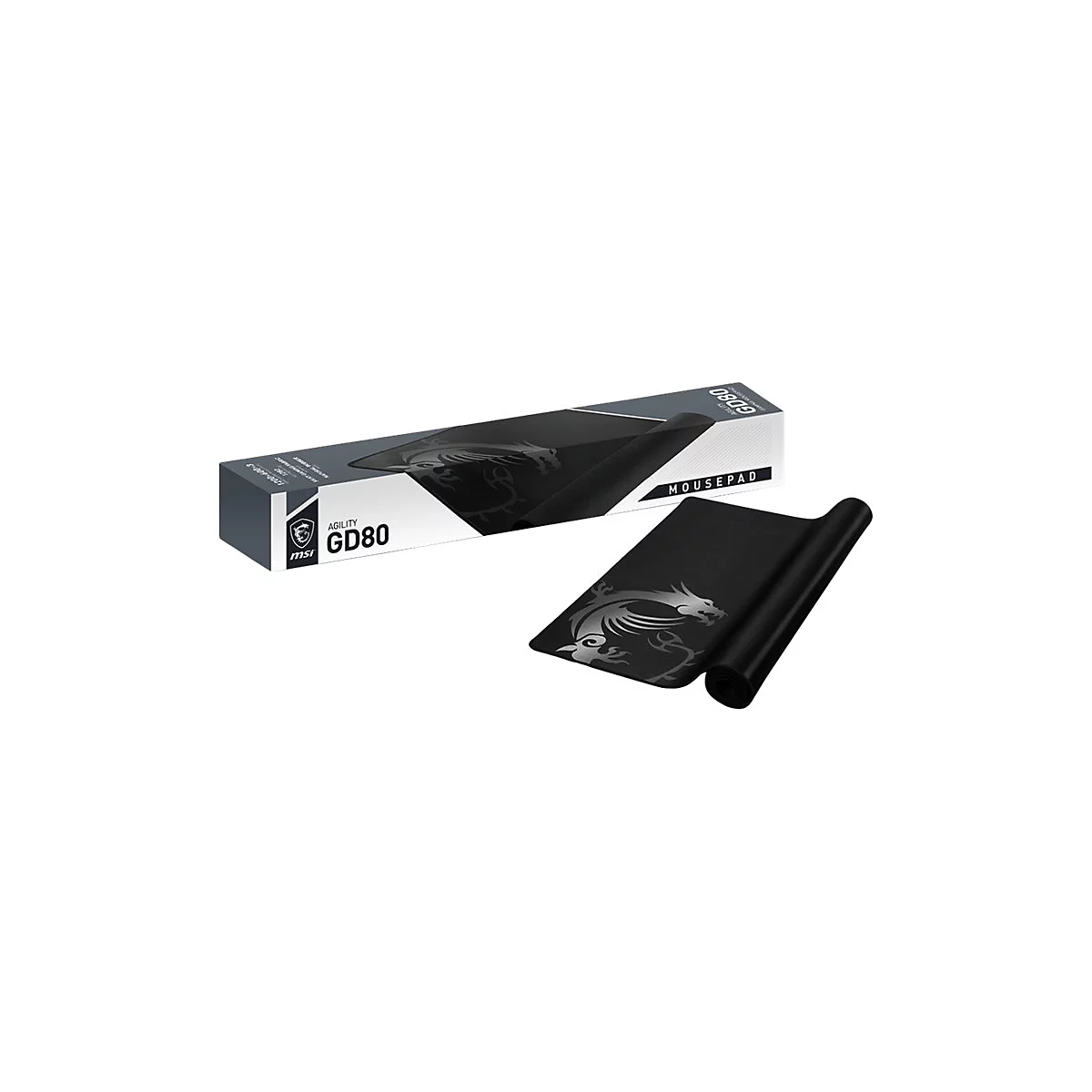 Schwarzes Mauspad von MSI mit silbernem Drachenlogo. Daneben die Verpackung mit der Aufschrift 'AGILITY GD80'.