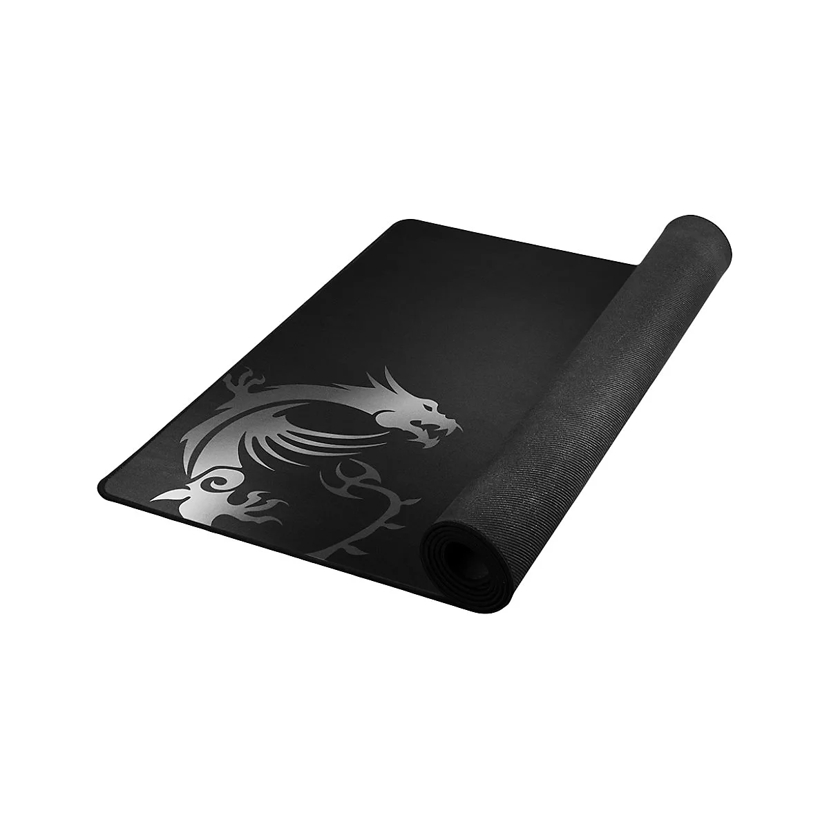 Schwarzes Mauspad mit silbernem Drachenmotiv, teilweise aufgerollt.