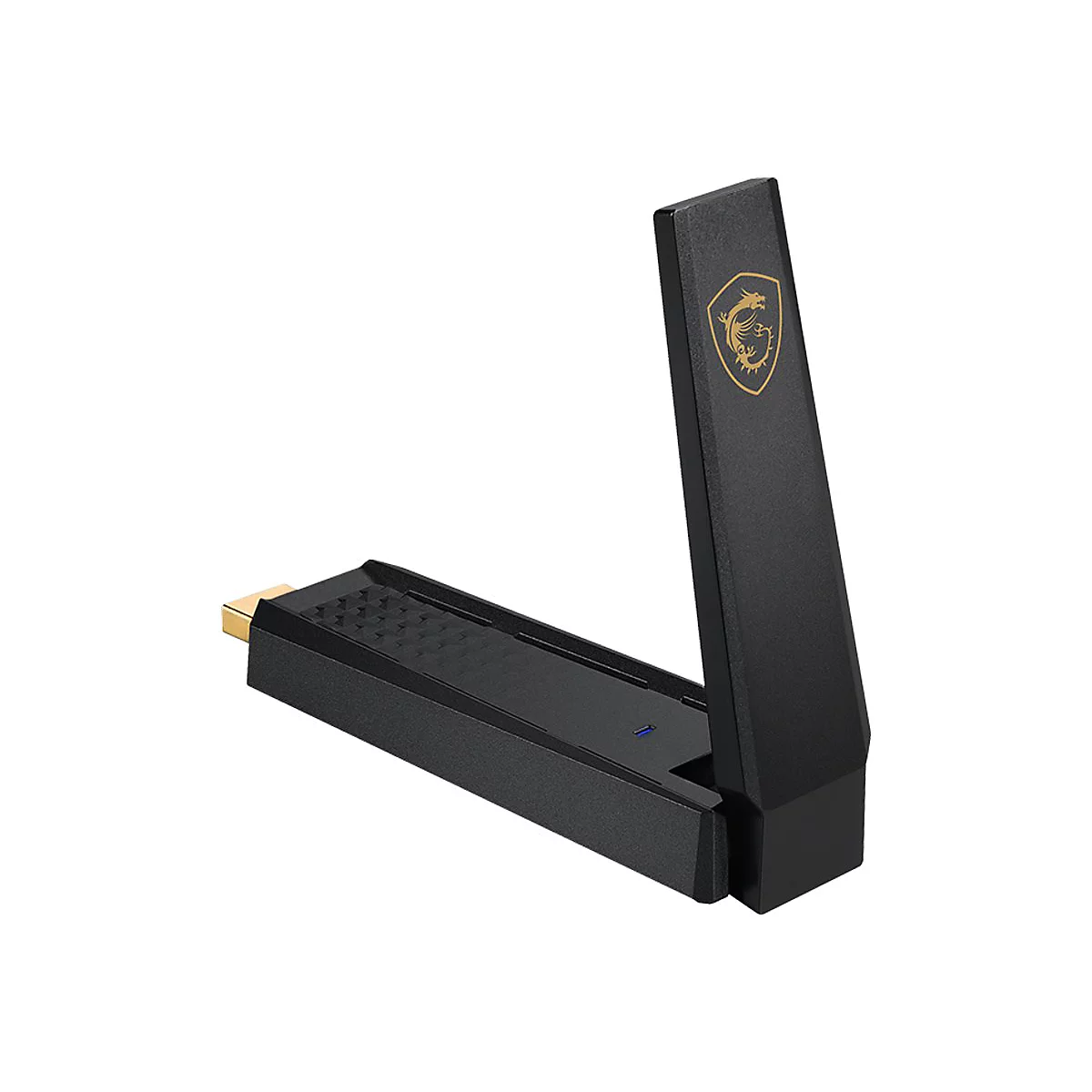 Schwarzer USB-WLAN-Adapter mit ausklappbarer Antenne und goldfarbenem Logo.