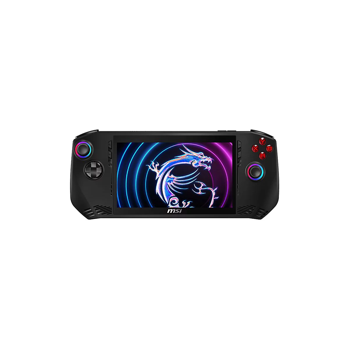 Schwarzer Handheld-Gaming-PC mit farbigem Display, Drachen-Grafik und "MSI"-Logo.