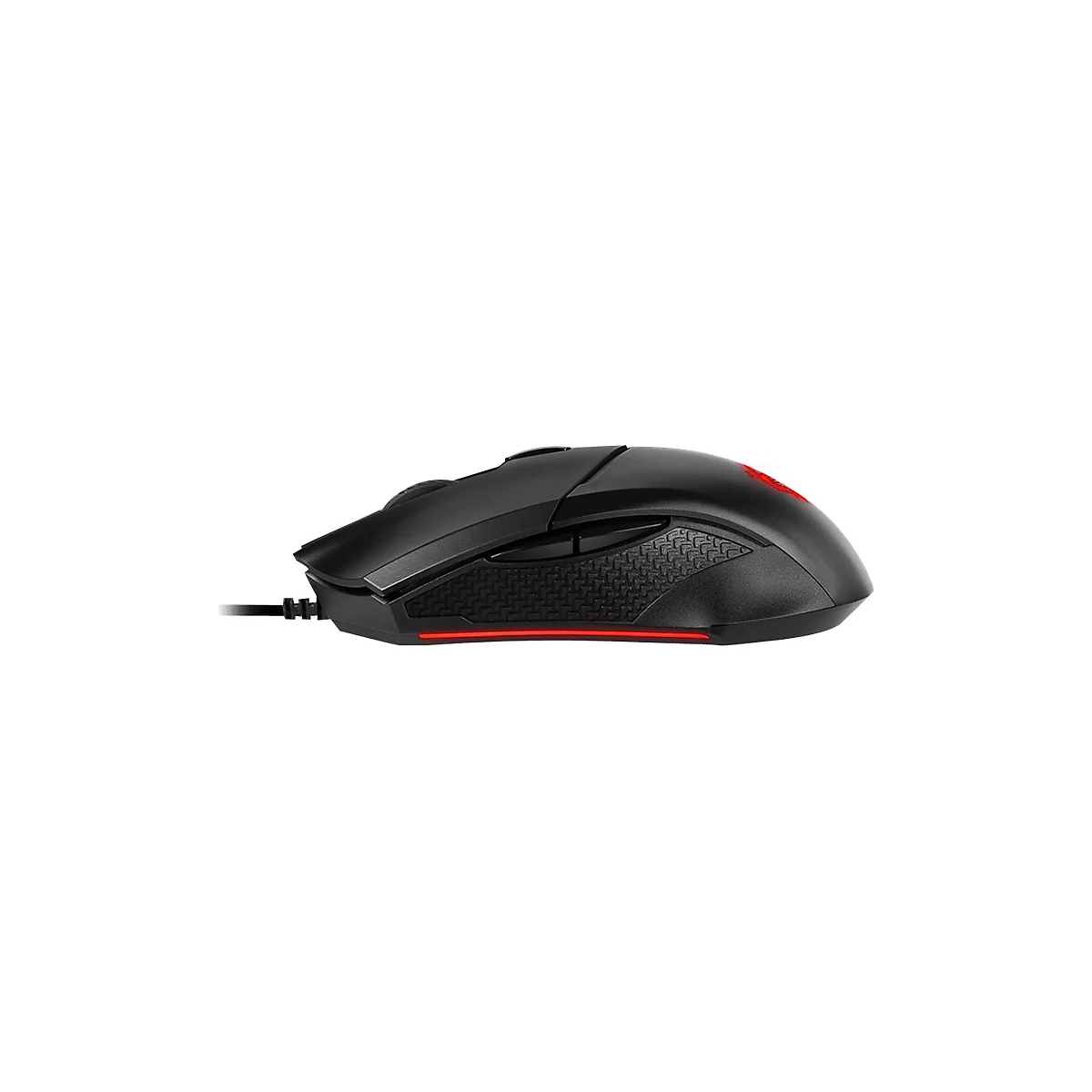 Schwarze Gaming-Maus in Seitenansicht mit roter LED-Beleuchtung am unteren Rand.