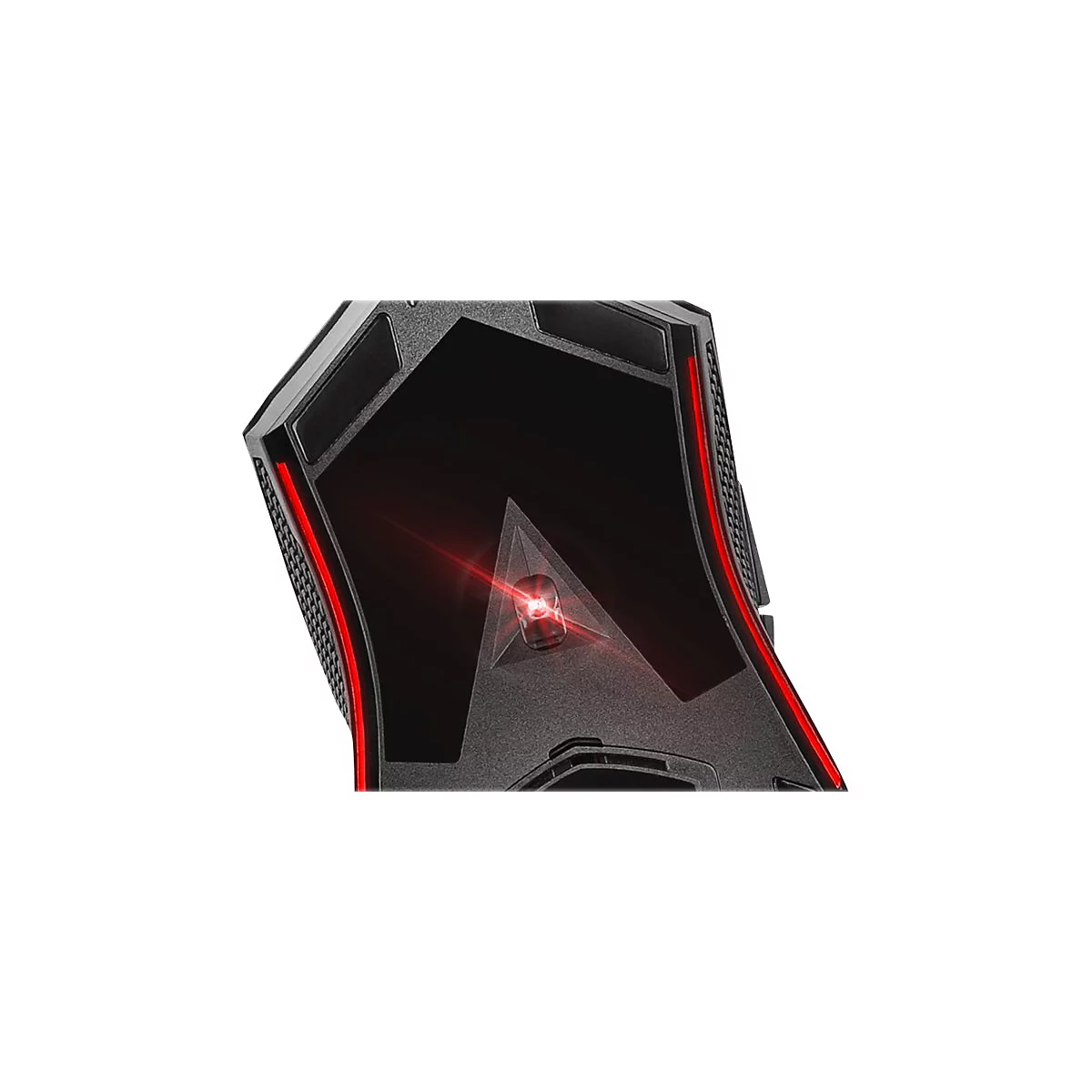 Detailansicht der Unterseite einer Gaming-Maus mit leuchtendem rotem Sensor und roten LED-Seitenstreifen.