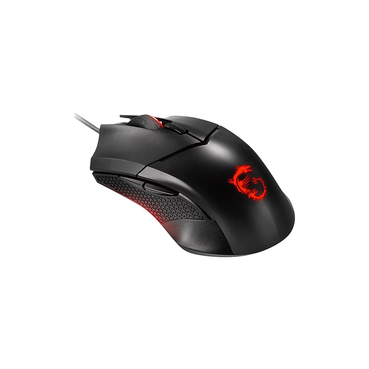 Schwarze Gaming-Maus mit roter Drachen-Beleuchtung und Textur an der Seite vor weißem Hintergrund.