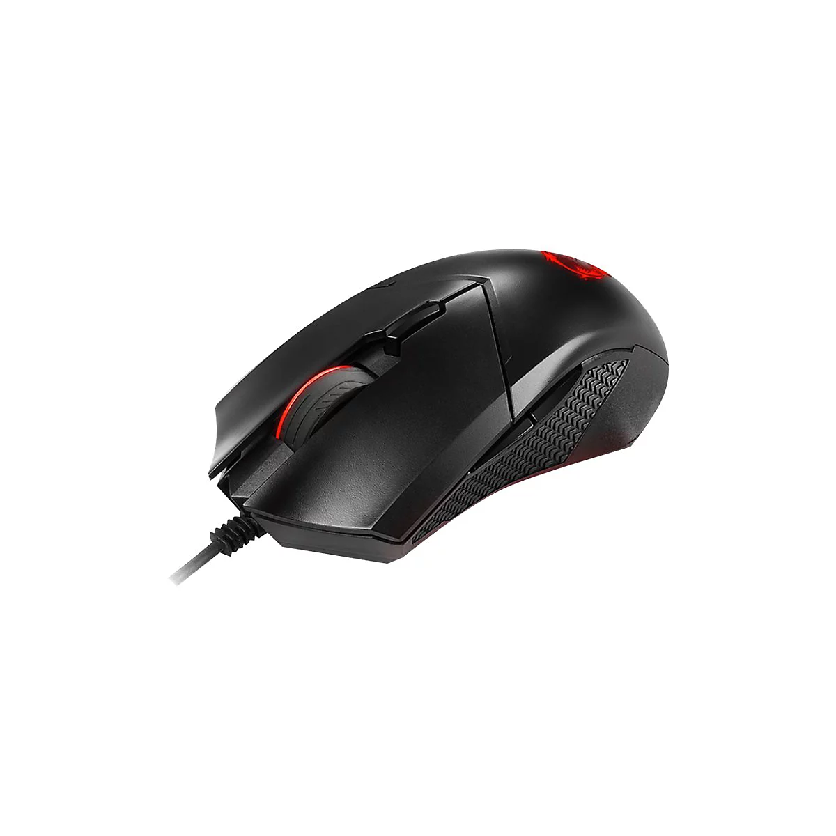 Schwarze Gaming-Maus mit roter LED-Beleuchtung am Scrollrad und Logo, vor weißem Hintergrund.