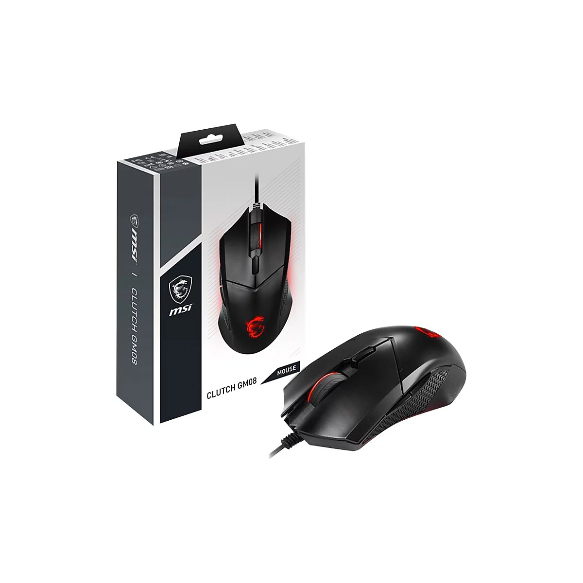 MSI Clutch GM08 Gaming-Maus in Schwarz mit roter LED-Beleuchtung vor der zugehörigen Produktverpackung.
