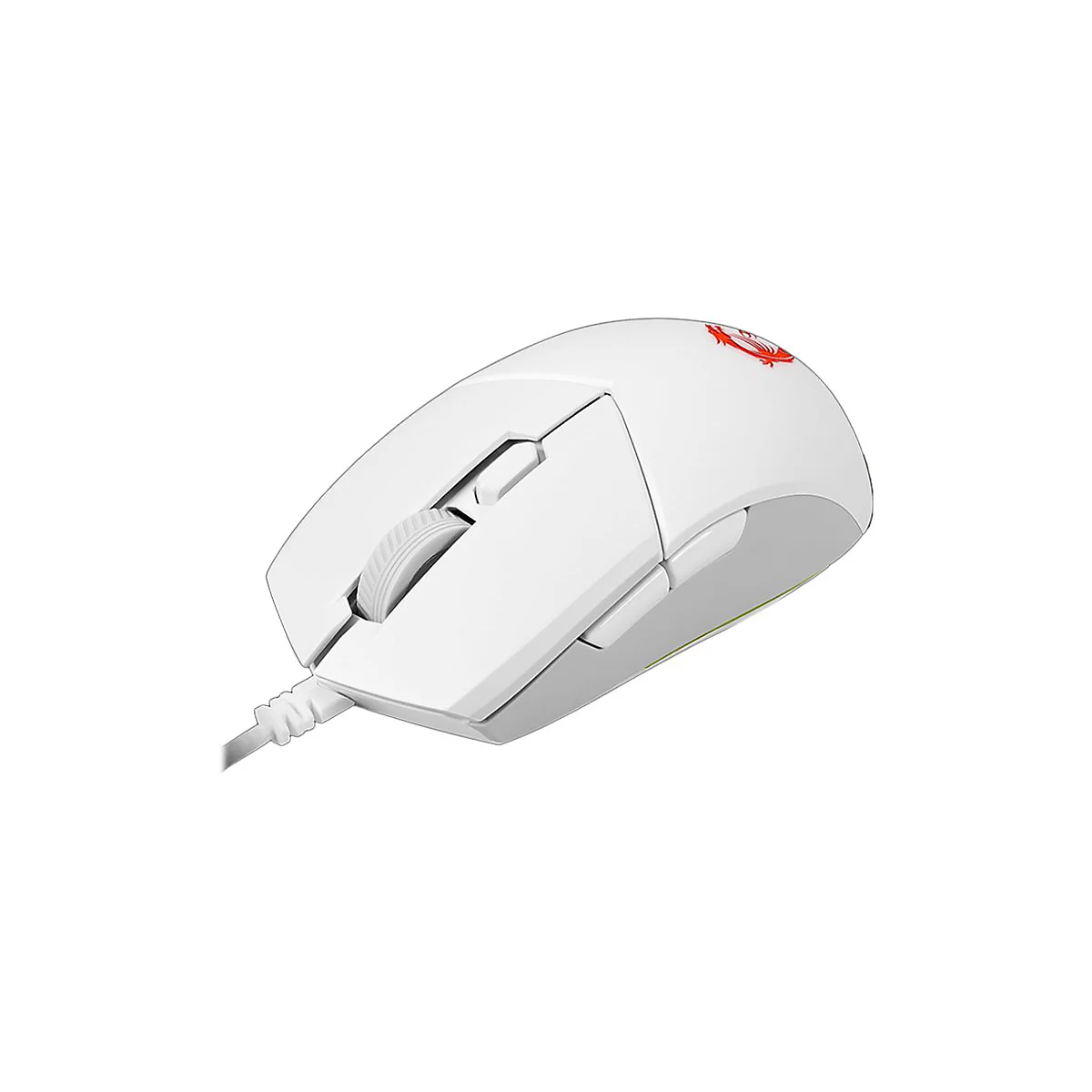 Weiße Gaming-Maus mit rotem Logo. Klickrad und Seitentasten. Kabelanschluss unten.