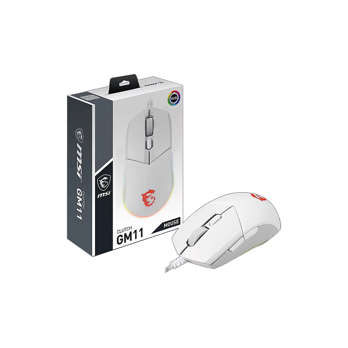 Weisse Gaming-Maus und Verpackung. Auf der Maus und der Verpackung ist das MSI-Logo abgebildet. RGB-Beleuchtung.