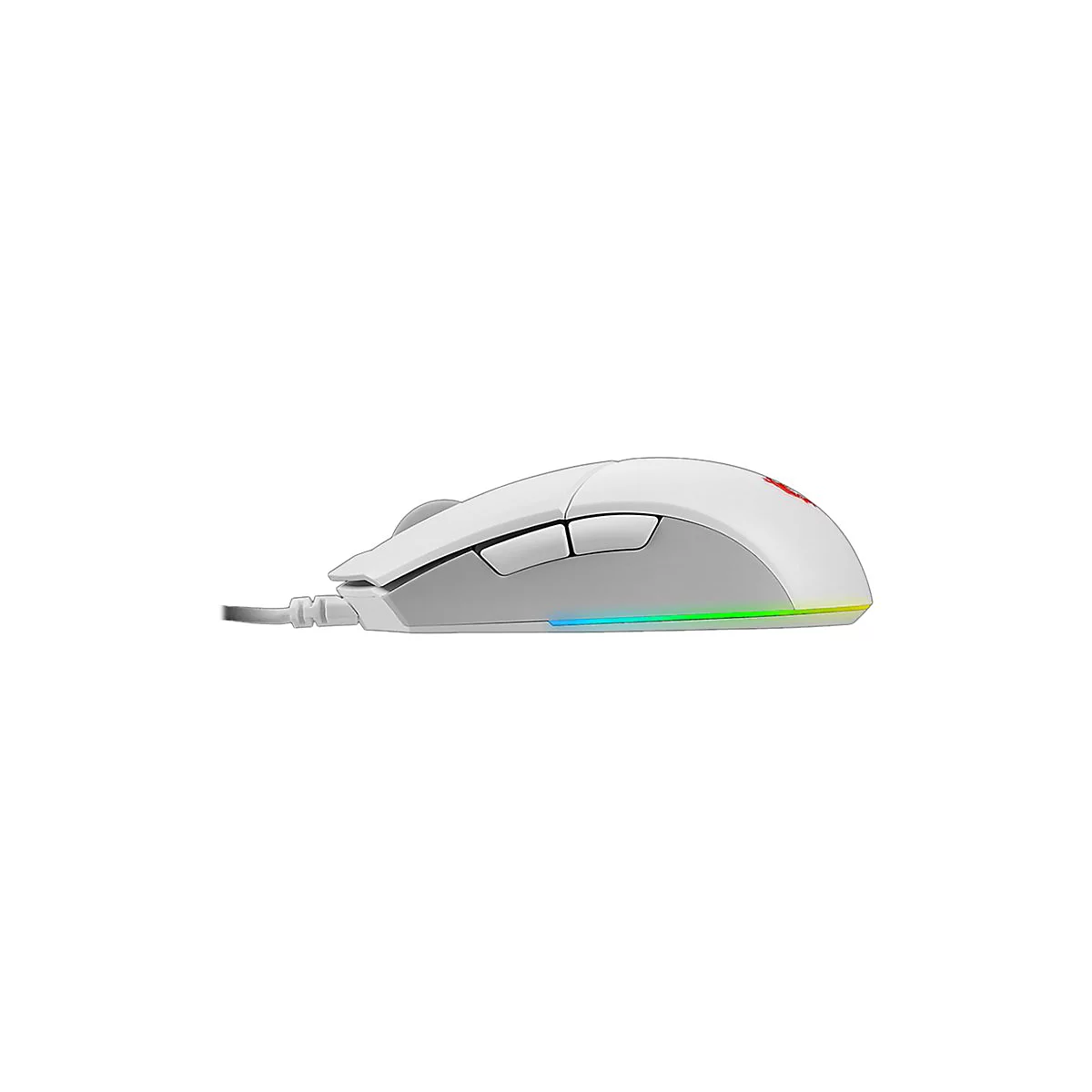 Weisse Gaming-Maus mit grauen Akzenten und mehrfarbiger LED-Beleuchtung.