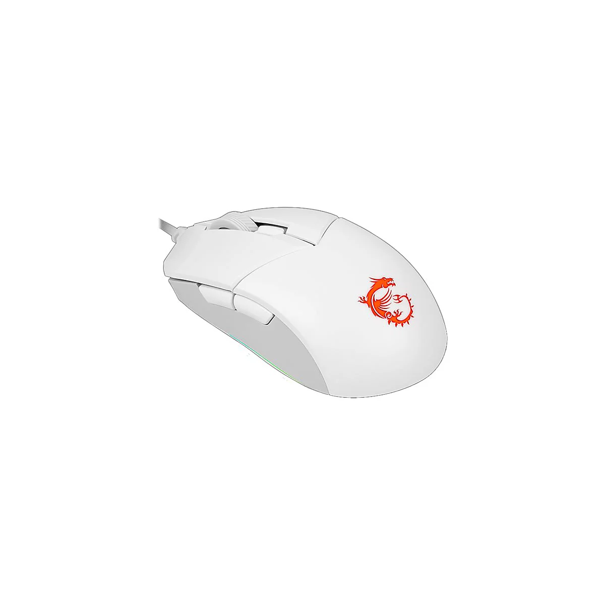 Weisse Gaming-Maus mit Dragon-Logo. Obere Tasten, Scrollrad und seitliche Zusatztasten. Auf weißem Grund.