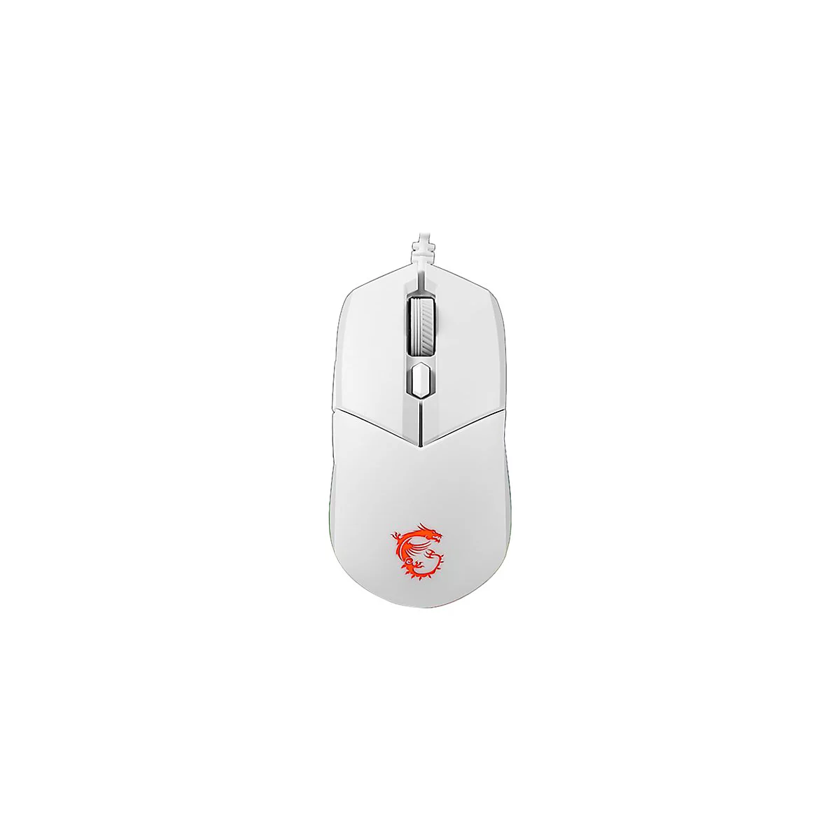 Weisse Gaming-Maus mit rotem Drachenlogo. Sichtbar: Scrollrad, Maustasten.
