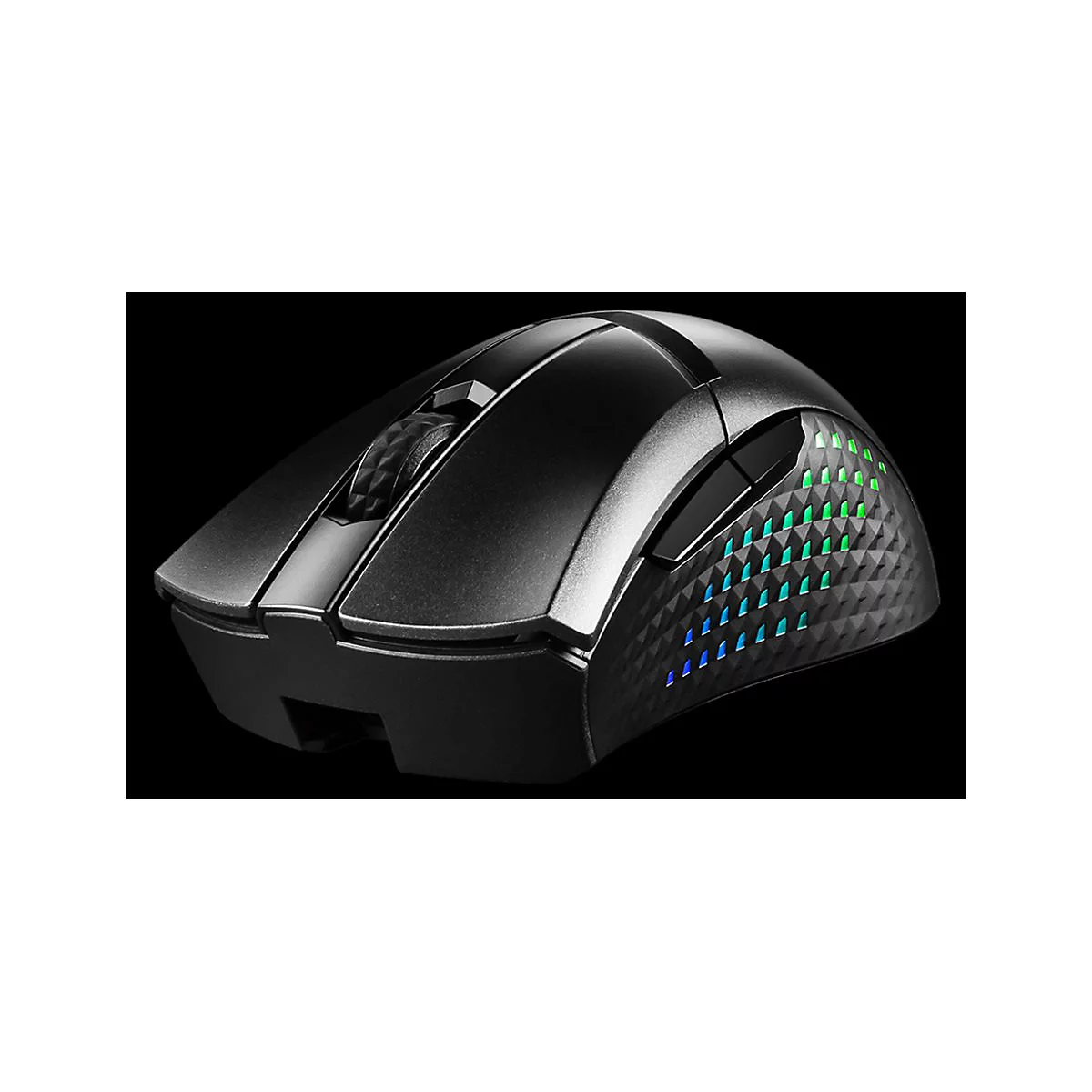 Schwarze Gaming-Maus mit RGB-beleuchtetem, texturiertem Seitenpanel auf schwarzem Hintergrund.