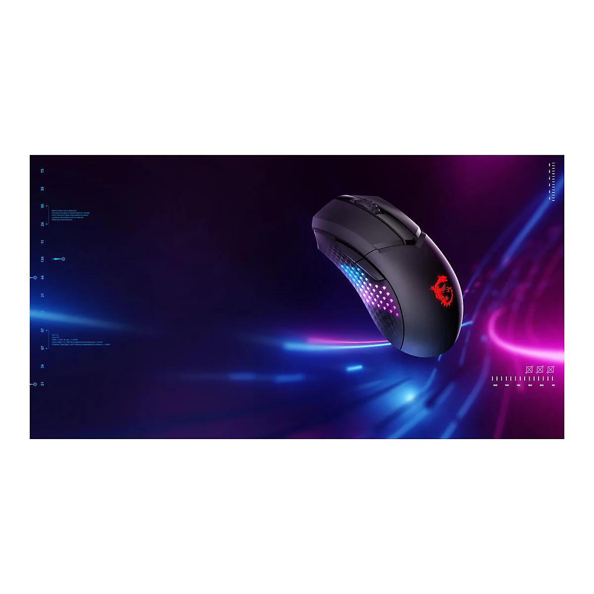Schwarze Gaming-Maus mit leuchtendem Drachenlogo und RGB-Beleuchtung vor einem futuristischen, violett-blauen Hintergrund.