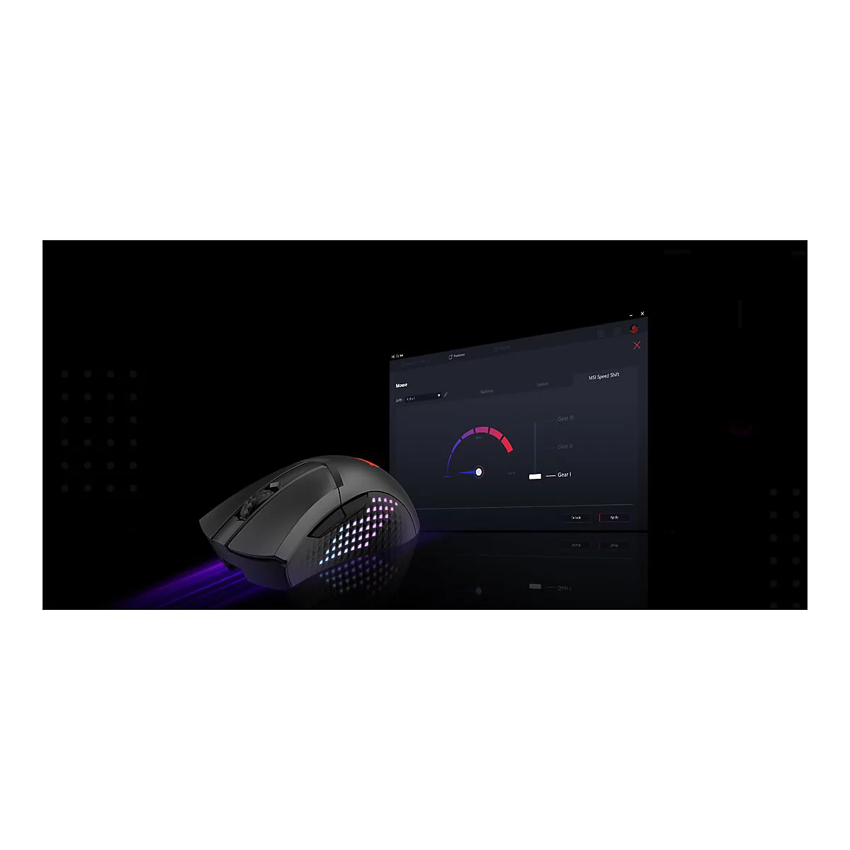 Schwarze Gaming-Maus mit RGB-Beleuchtung und Software-Einstellungsmenü auf einem dunklen Hintergrund.