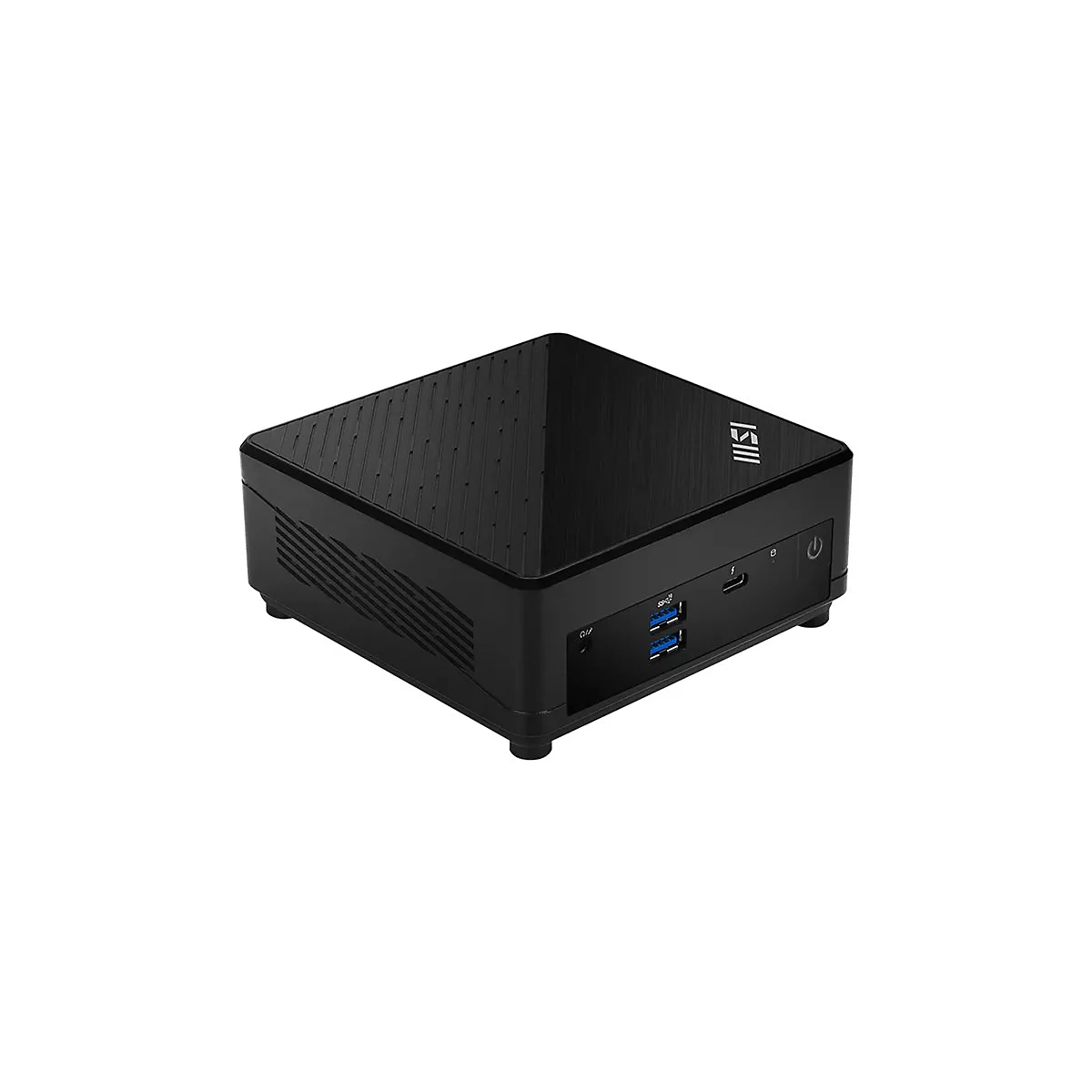 Kompakter schwarzer MSI Mini-PC mit gerippter Oberfläche und Frontanschlüssen auf weißem Hintergrund.