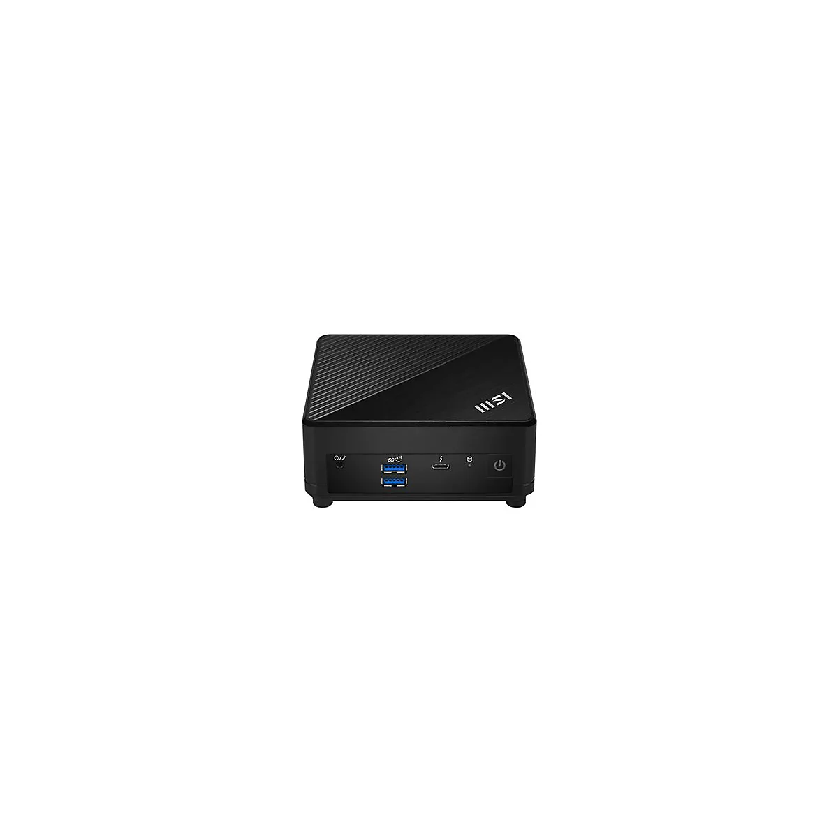 Schwarzer MSI Mini-PC mit Anschlüssen auf der Vorderseite, darunter USB, USB-C und ein Power-Button.