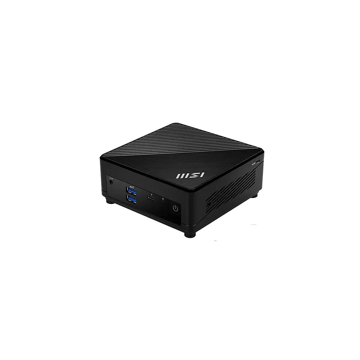 Kompakter schwarzer MSI Mini-PC auf weißem Hintergrund mit USB-Anschlüssen und MSI-Logo.