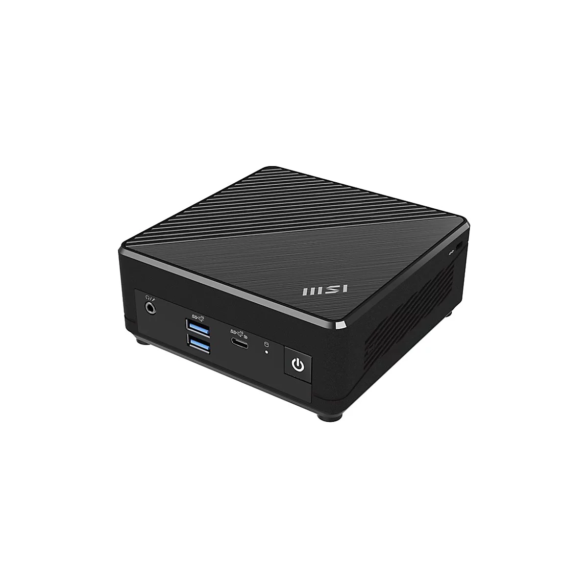 Schwarzer MSI Mini-PC mit gerippter Oberfläche, Anschlüssen und Power-Button auf der Vorderseite.