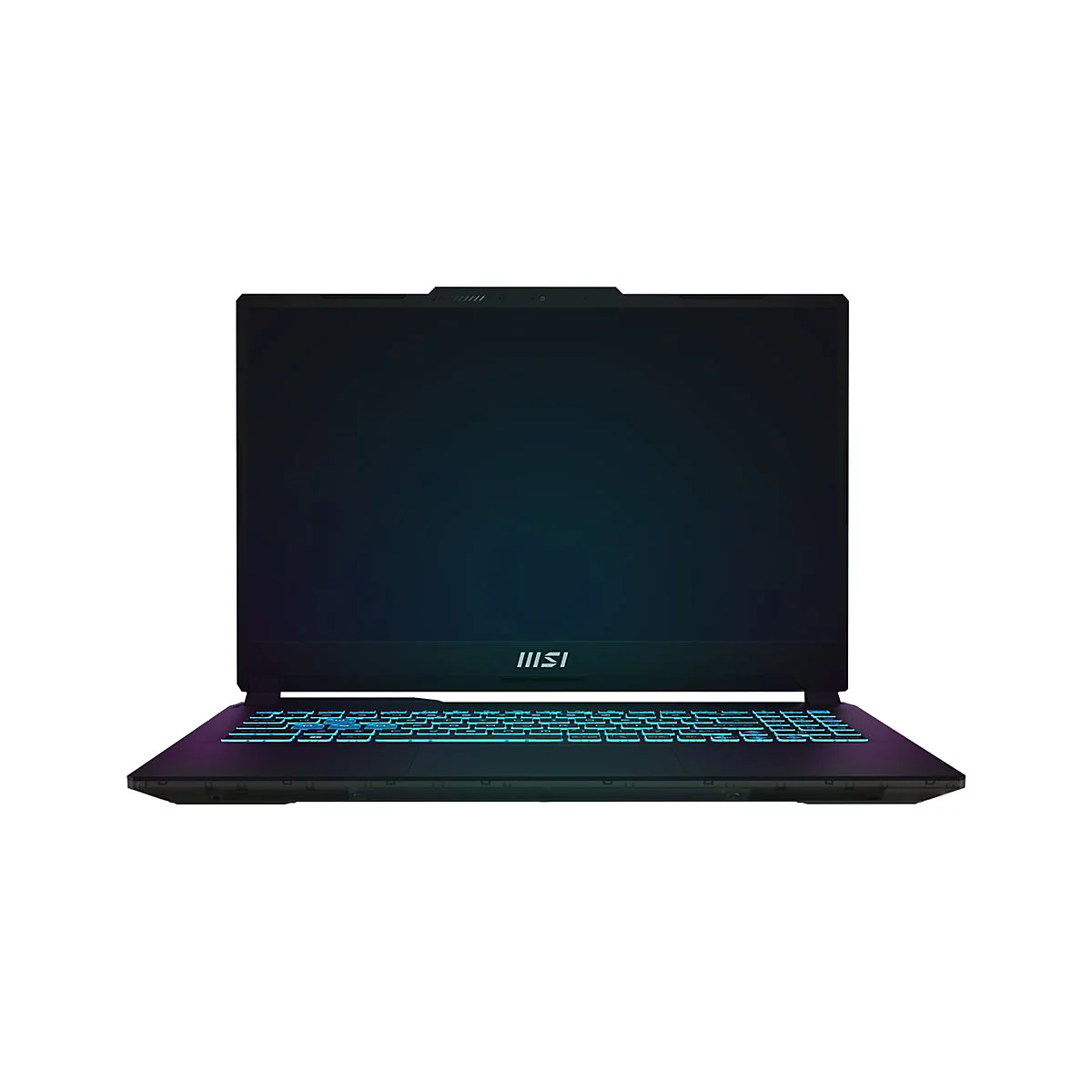 Schwarzes Laptop-Gerät, die Tastatur leuchtet blau und grün. Der Bildschirm ist dunkel.