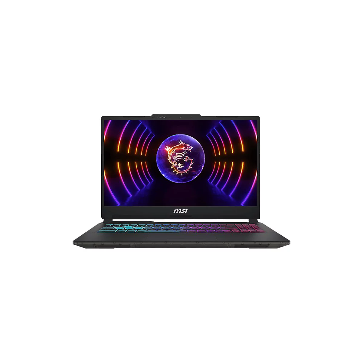 Schwarzer Laptop, Display zeigt ein Drachenlogo und farbige Lichteffekte. Tastatur mit farbiger Beleuchtung, MSI Logo.