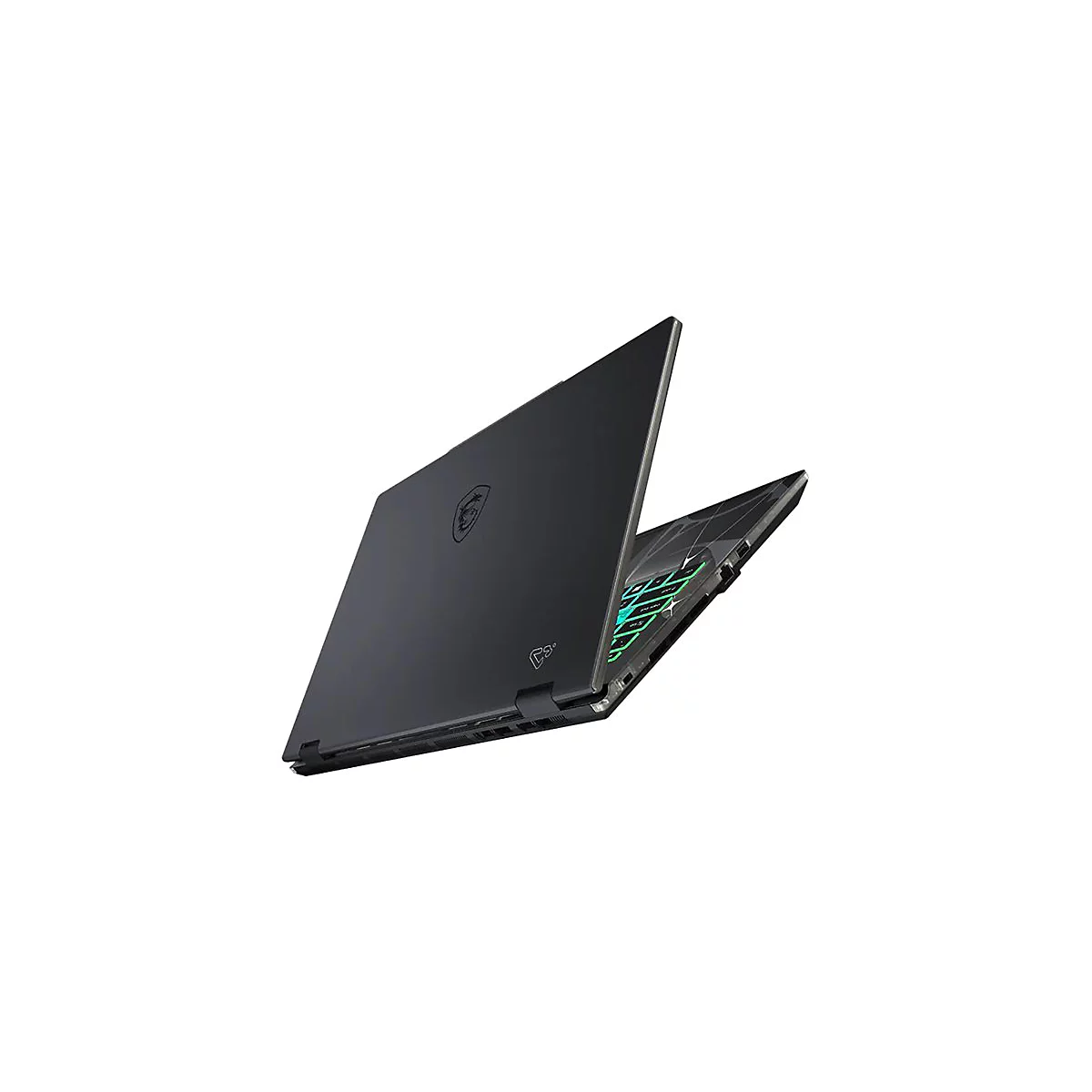 Schwarzes MSI Gaming-Notebook mit leicht geöffnetem Deckel und grün leuchtender Tastatur vor weißem Hintergrund.
