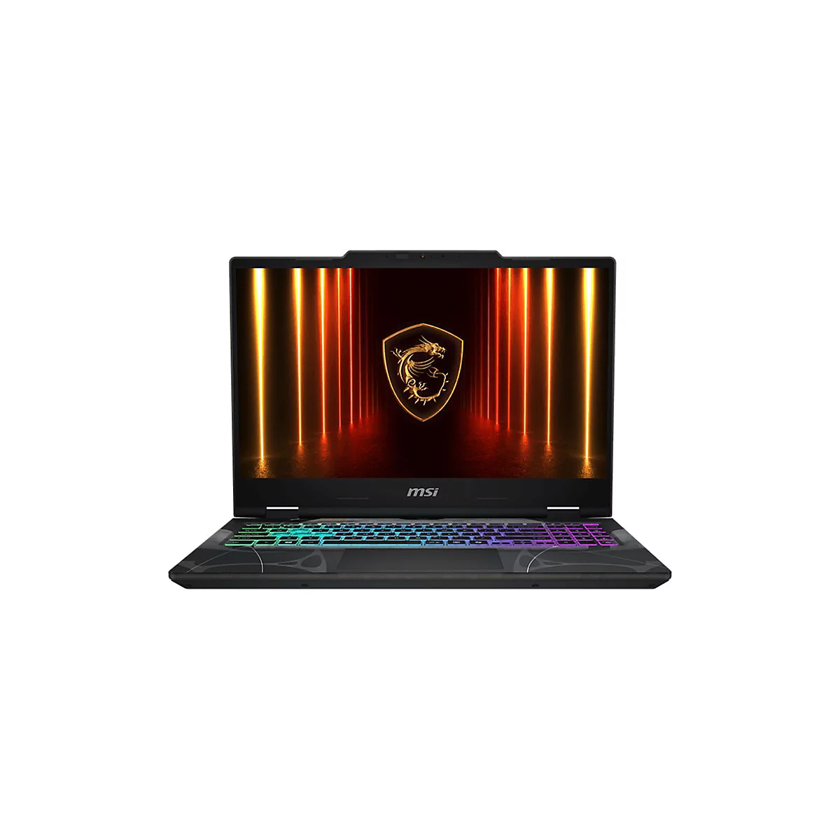 Schwarzer Laptop, beleuchtete Tastatur, MSI-Logo, Drachen-Grafik auf dem Bildschirm.