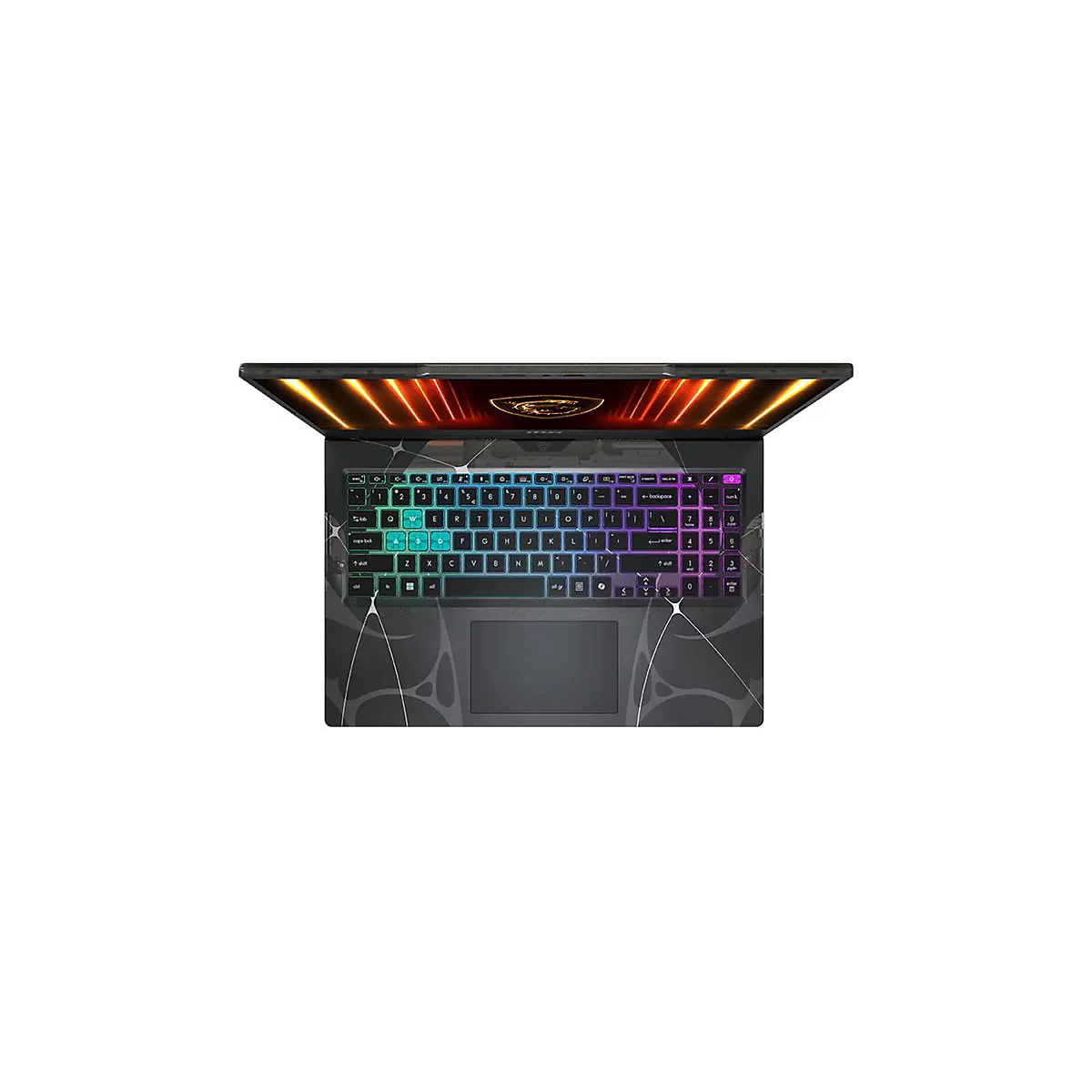 Gaming-Laptop von oben: RGB-Tastatur mit auffälligem Spinnennetz-Design auf der Handballenauflage.
