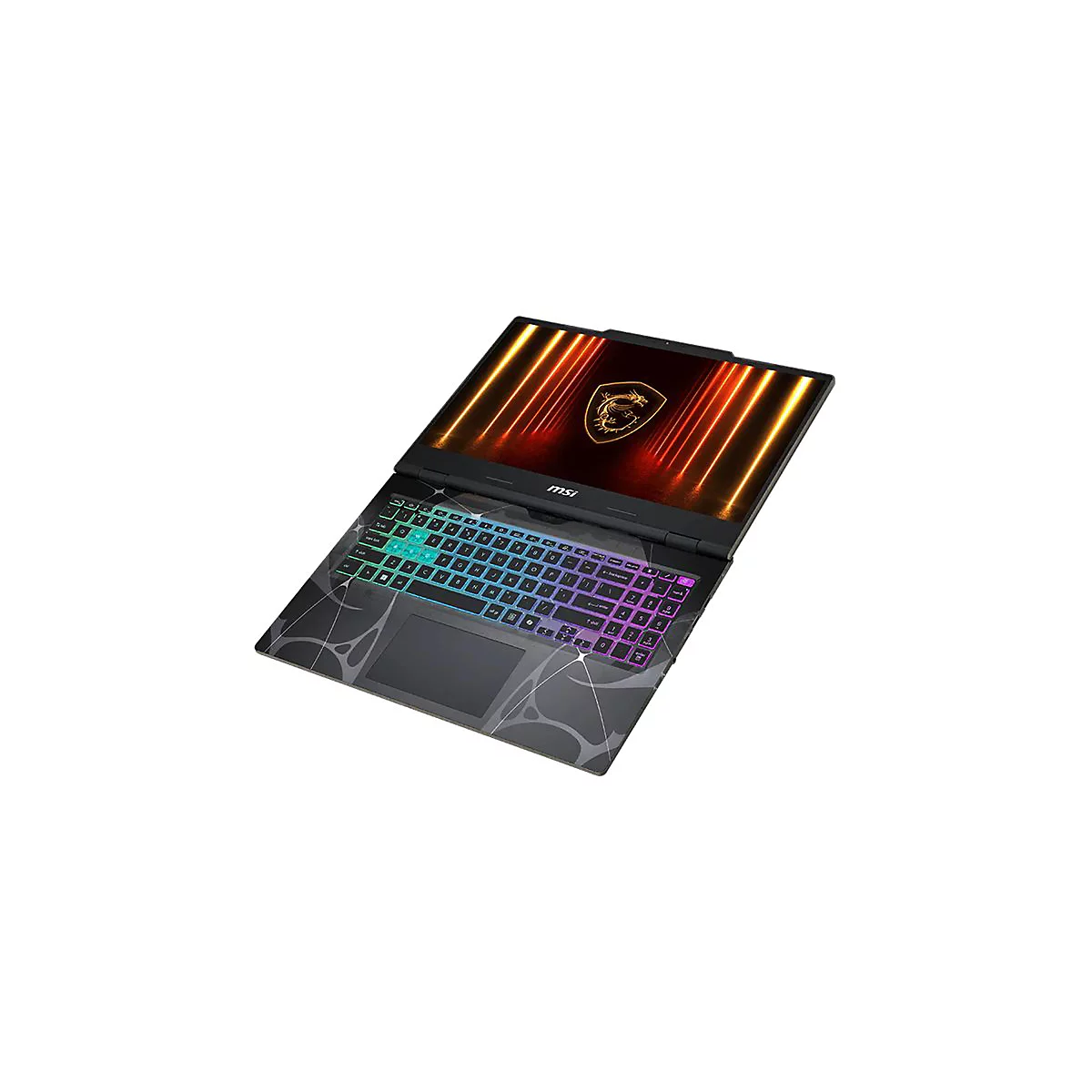 MSI Gaming-Laptop mit beleuchteter Tastatur und markantem Drachen-Design auf weißem Hintergrund.