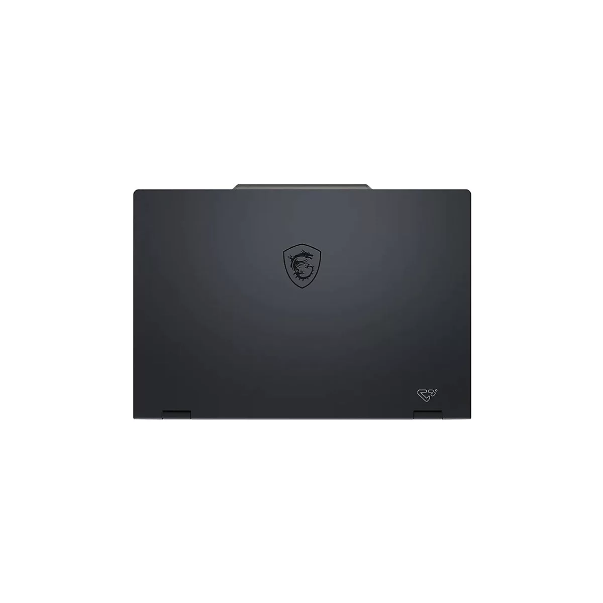 Draufsicht auf den geschlossenen schwarzen Deckel eines MSI-Laptops mit mittigem Drachenlogo.