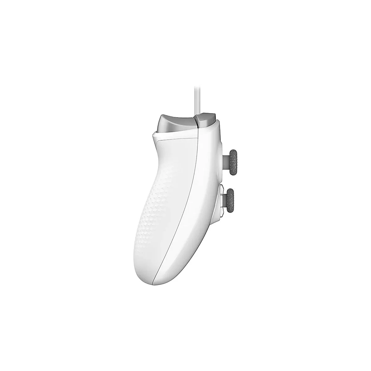 Seitenansicht eines weißen Controllers mit strukturiertem Griff und grauen Tasten vor weißem Hintergrund.