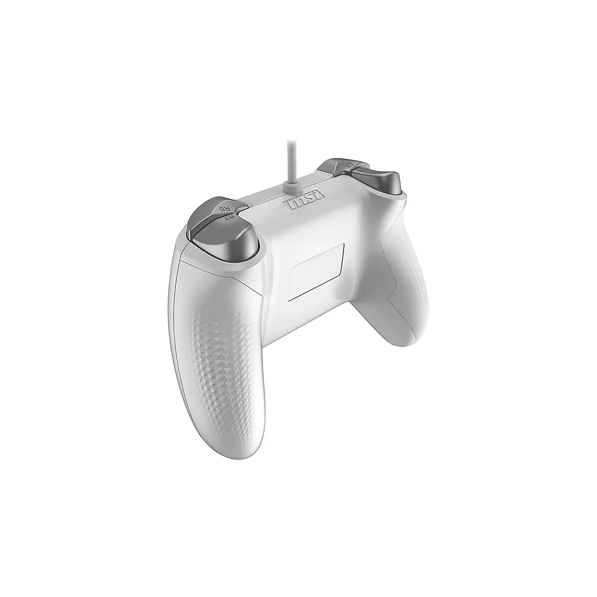 Weißer MSI-Gaming-Controller, Rückseite mit grauen Schultertasten und Kabel, vor weißem Hintergrund.