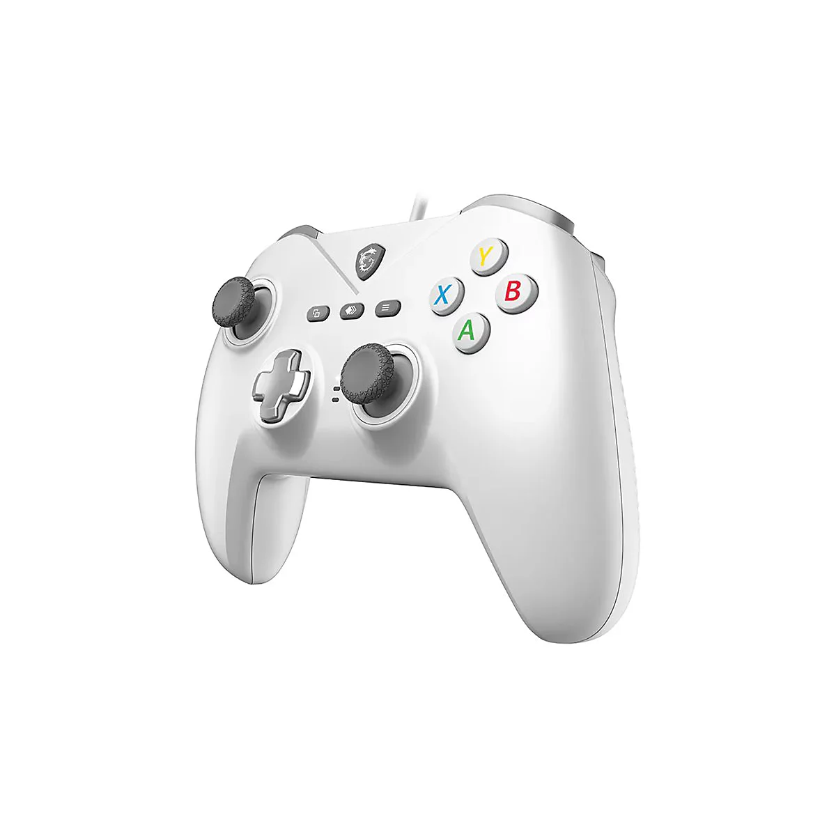 Weißer MSI Gaming-Controller mit farbigen Tasten und zwei grauen Analog-Sticks auf weißem Hintergrund.