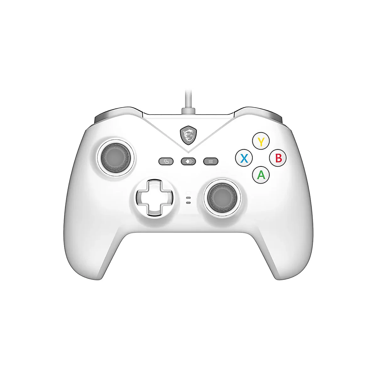 Weißer MSI Gaming-Controller mit farbigen A, B, X, Y-Tasten, Steuerkreuz und zwei Analogsticks.