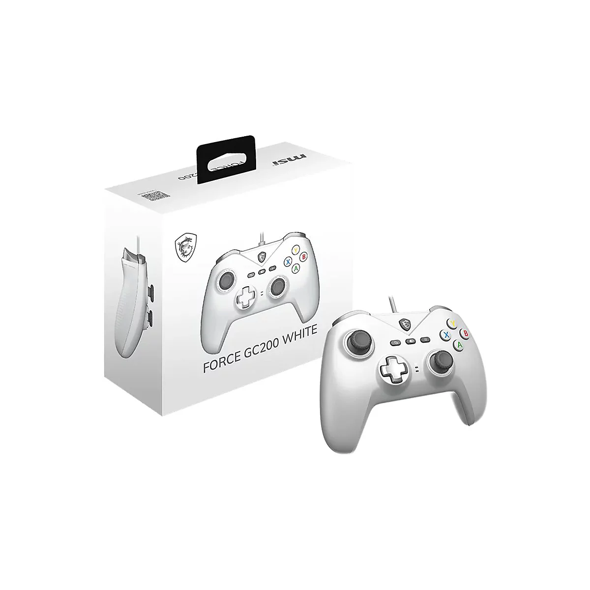 Weißer MSI Force GC200 Kabel-Controller vor seiner weißen Produktverpackung.