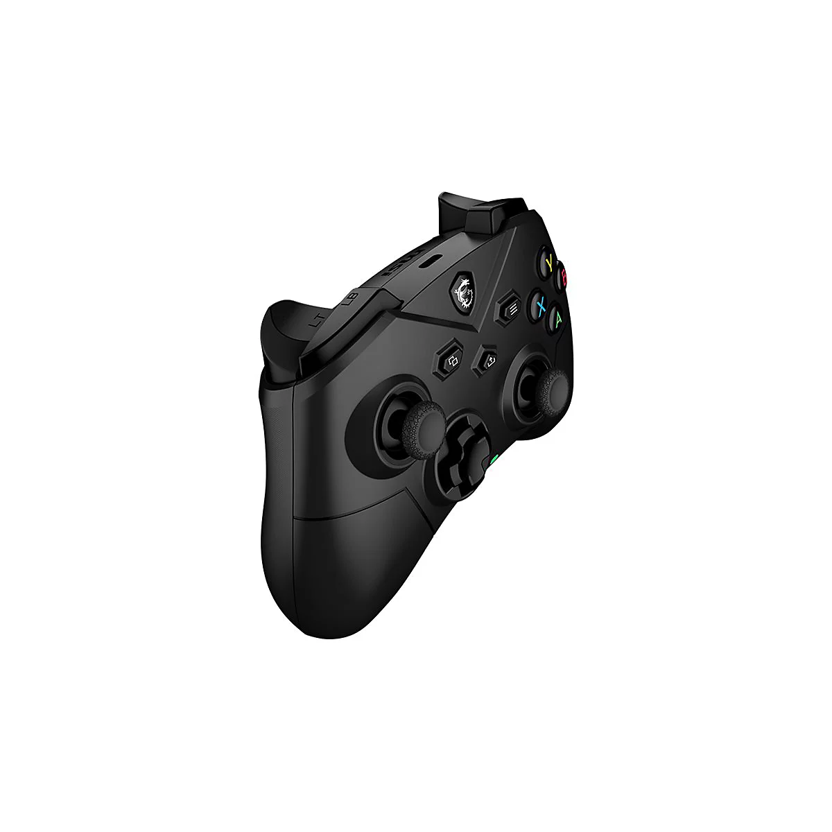 Schwarzer Game-Controller, Knöpfe farblich markiert. Zwei Analogsticks, Richtungskreuz, Schultertasten.