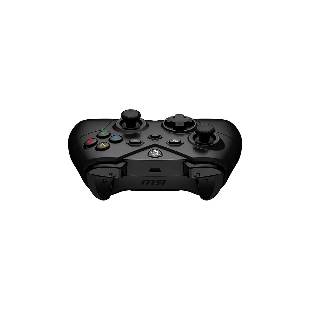 Schwarzer Gamecontroller mit bunten Knöpfen und Logo, isoliert auf weißem Hintergrund.