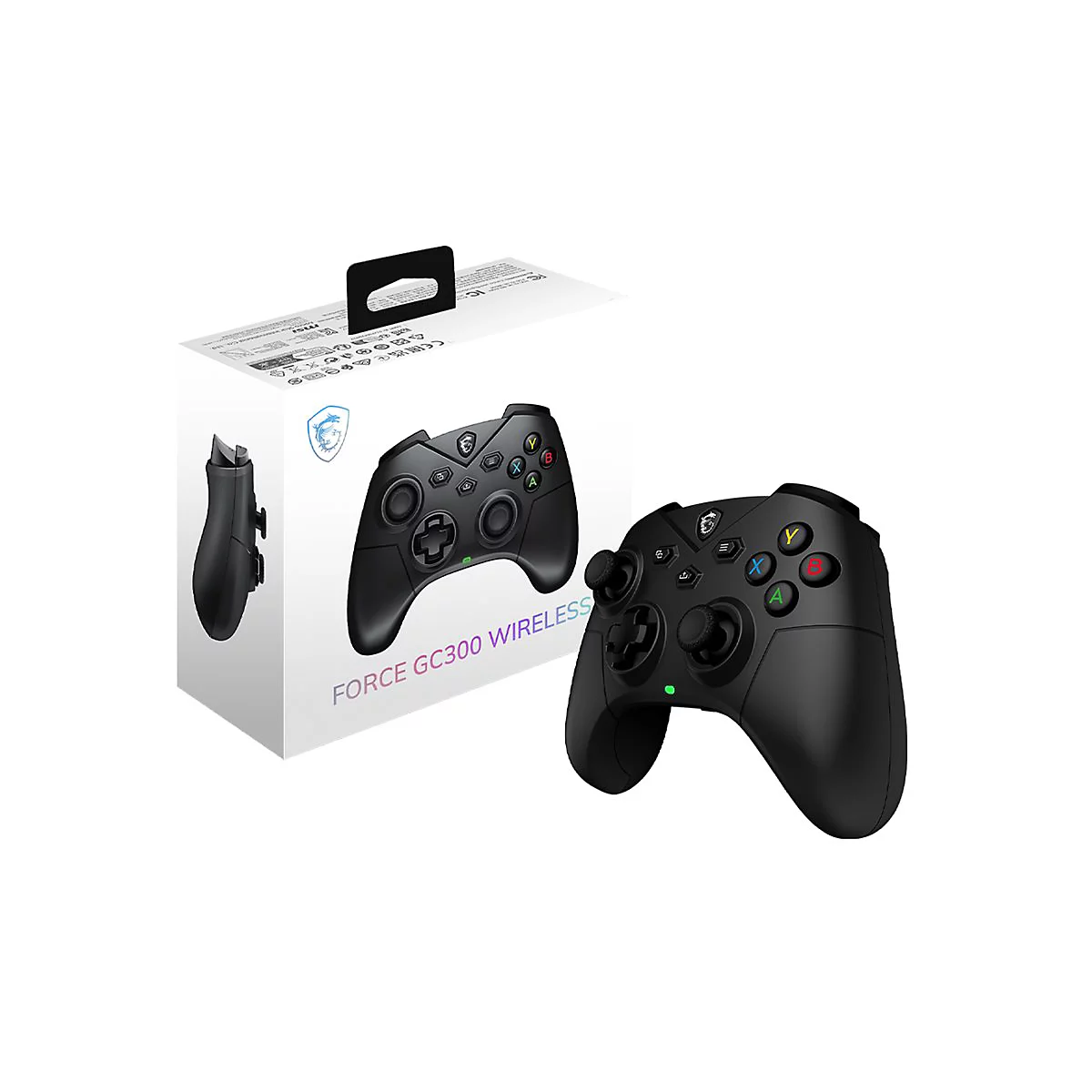 Schwarzer Gamecontroller, neben der Verpackung. Auf der Verpackung steht "FORCE GC300 WIRELESS".