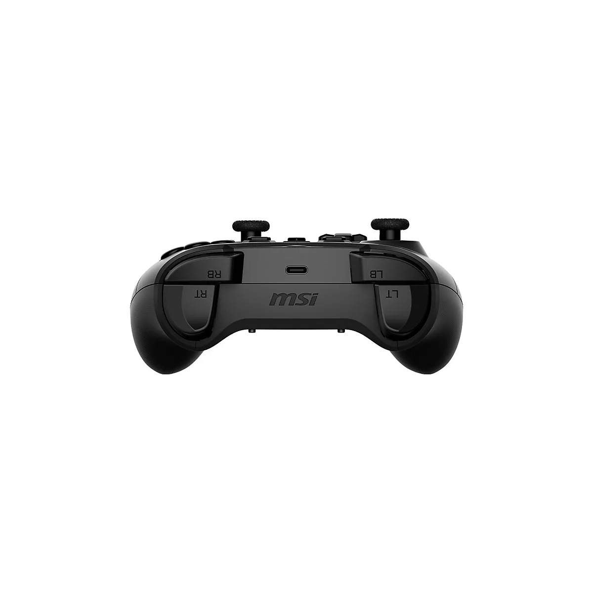 Schwarzer Gamecontroller der Marke MSI, Ansicht von oben mit Buttons und Joysticks. In der Mitte steht MSI.